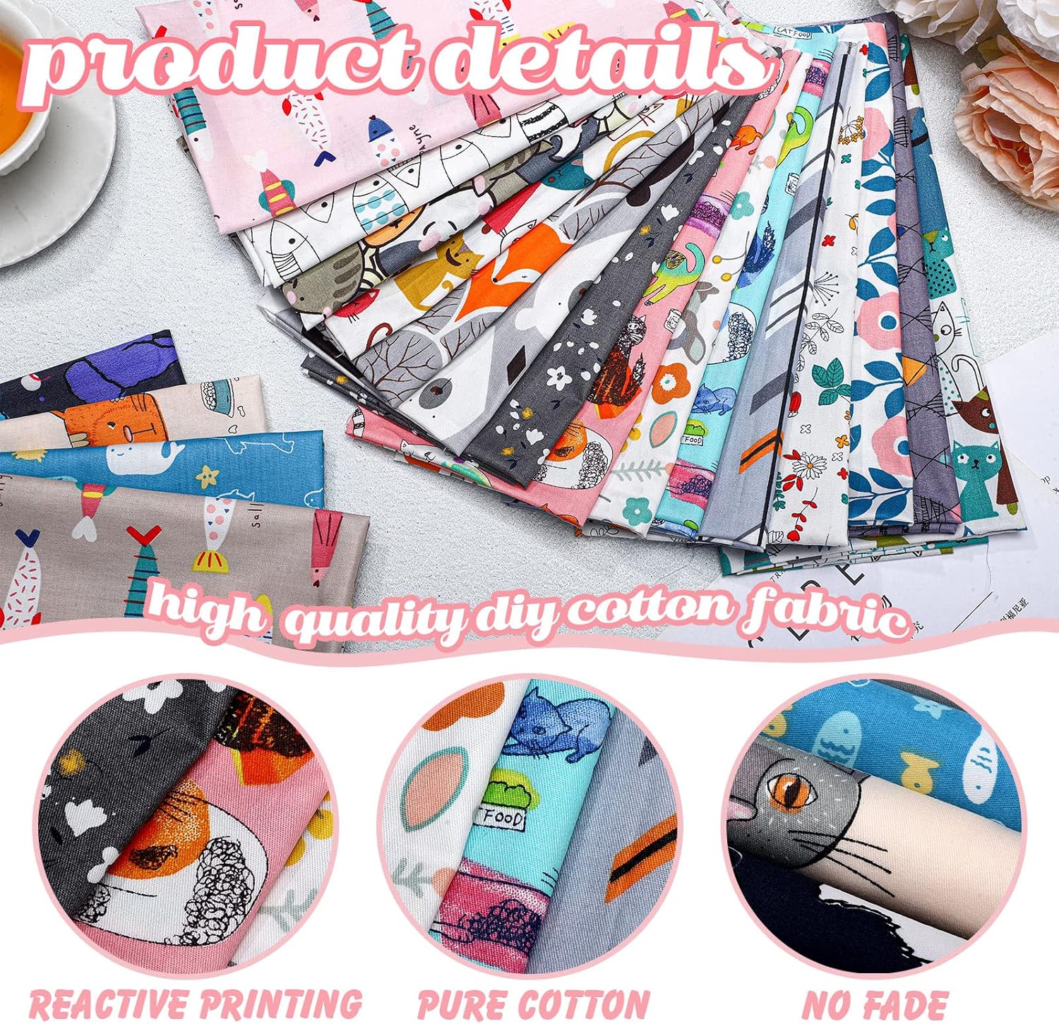40 Pcs 20 x 20 Inch Cotton Fabric Bundle Square Quilting Patchwork Multi Color Printed Floral Fat Flower Animals Cartoon for DIY Crafts Cloths Handmade Accessory (Cute Style)