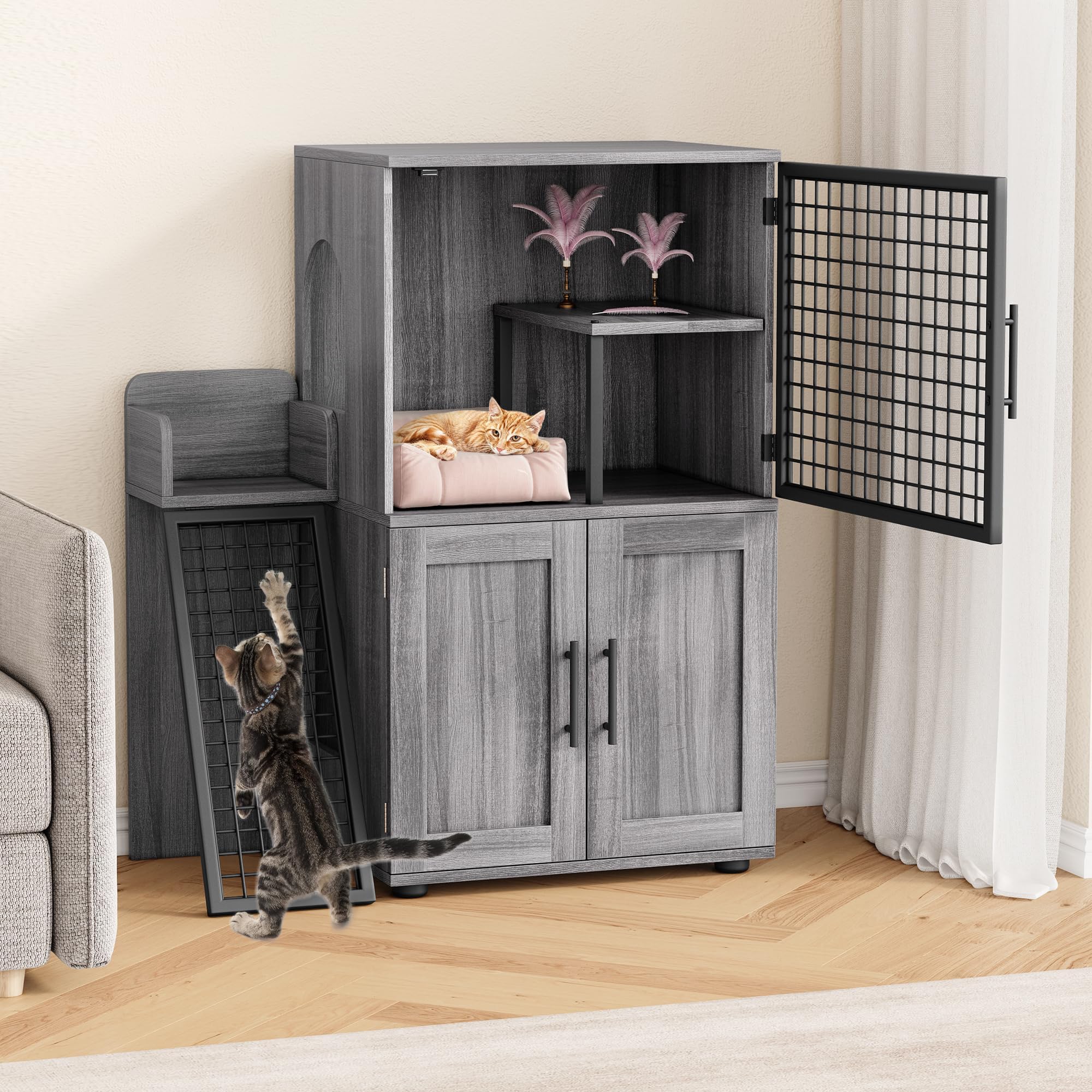 Cat Litter Box Enclosure Furniture with Double Layer Design, Hidden Litter Box & Lounge Villa for Indoor Cats - Includes Ladder, Platform, and Washroom Space for Living Room, Wax Wood - image 8