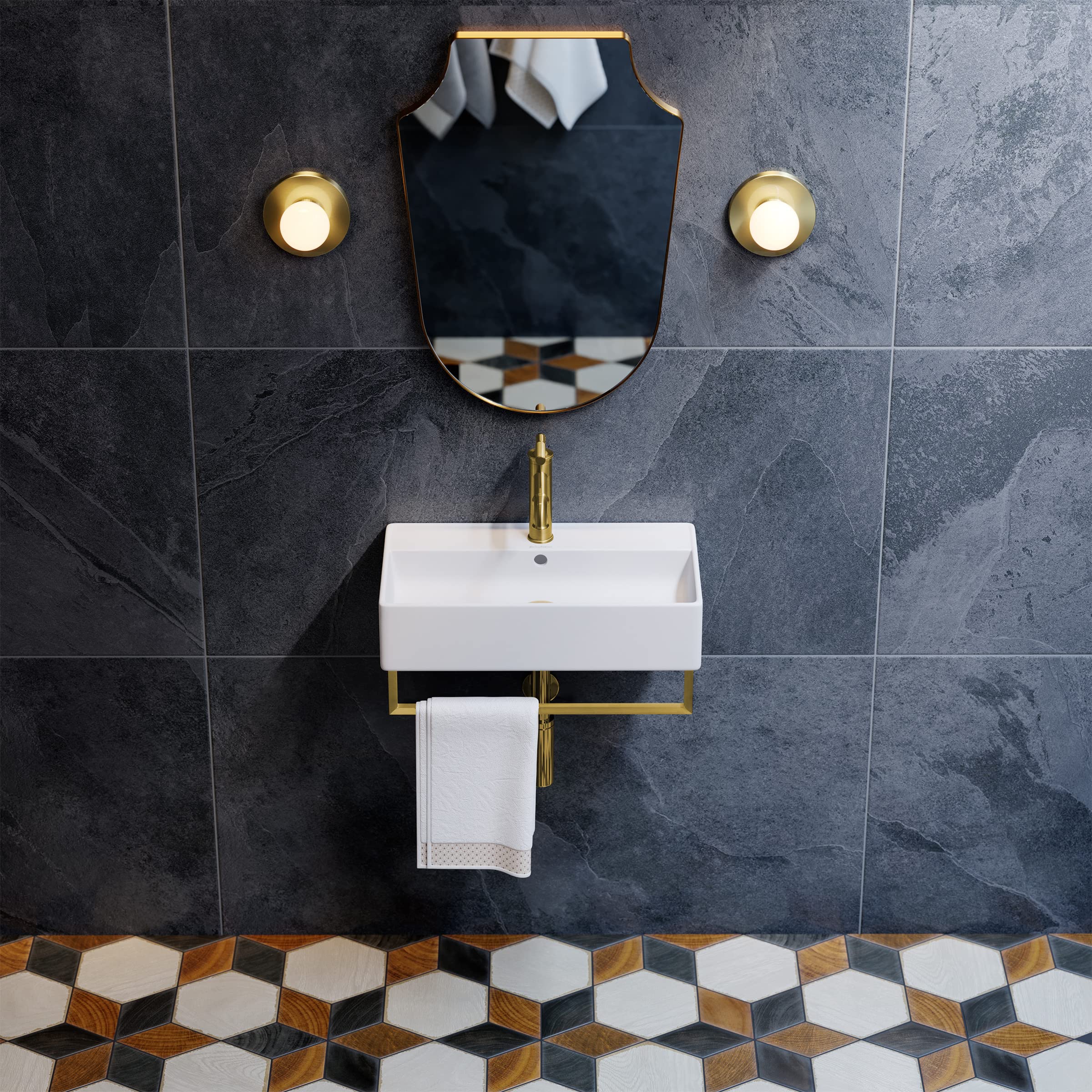 Claire 22" Wall-Mount Bathroom Sink with Brushed Gold Towel Bar for ...