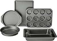 Amazon Basics 6-Piece Nonstick Carbon Steel Bakeware Set: Cake, Muffin, Loaf, Cookie & Roast Pans - Even Heat, Easy Release