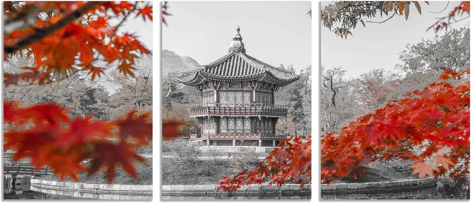 Korean Landscape Wall Art Canvas Gyeongbokgung Palace Architecture Pictures on Wall Art for Home Office Decorations Living Room Bedroom and Kitchen Decor 3 Pcs Framed Canvas Prints 12X16inches