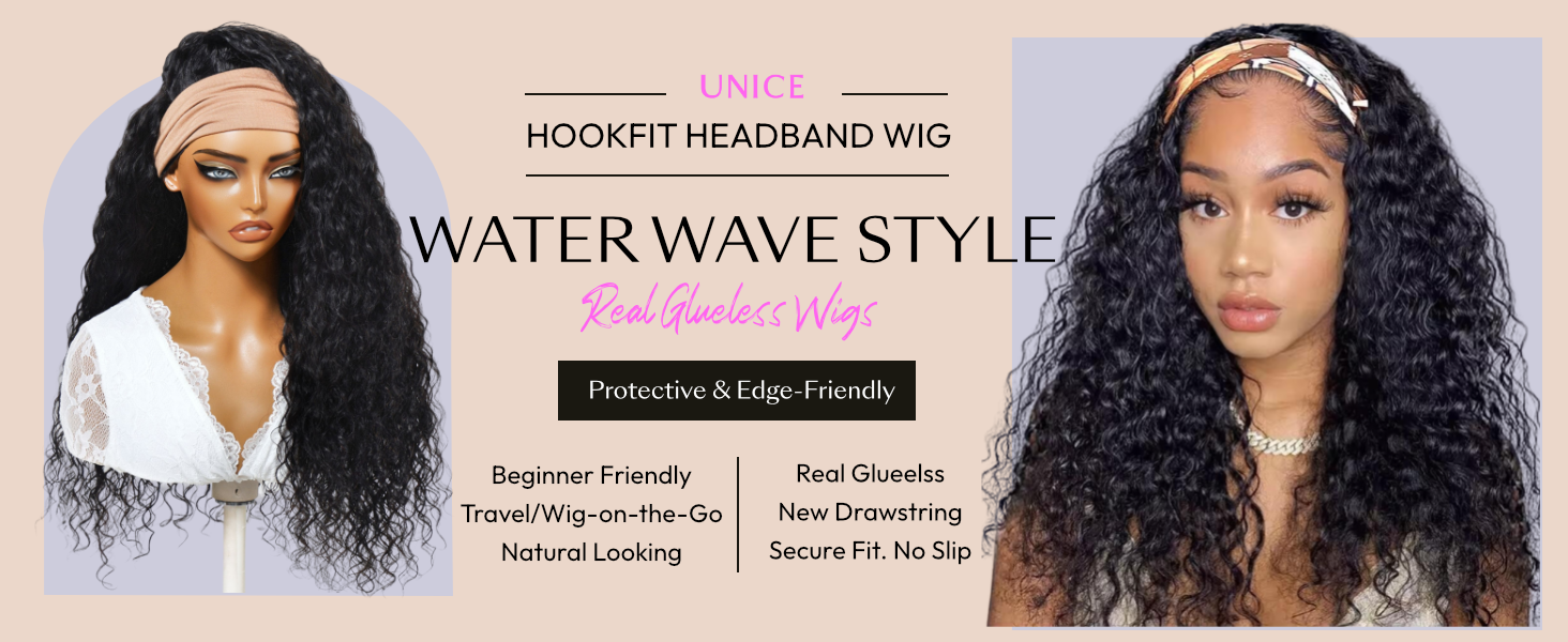Water Wave Headband Wig Human Hair 150% Density Drawstring No-Slip Headband Wig Human Hair Deep Wave 16 Inch Curly Headband  main image 2