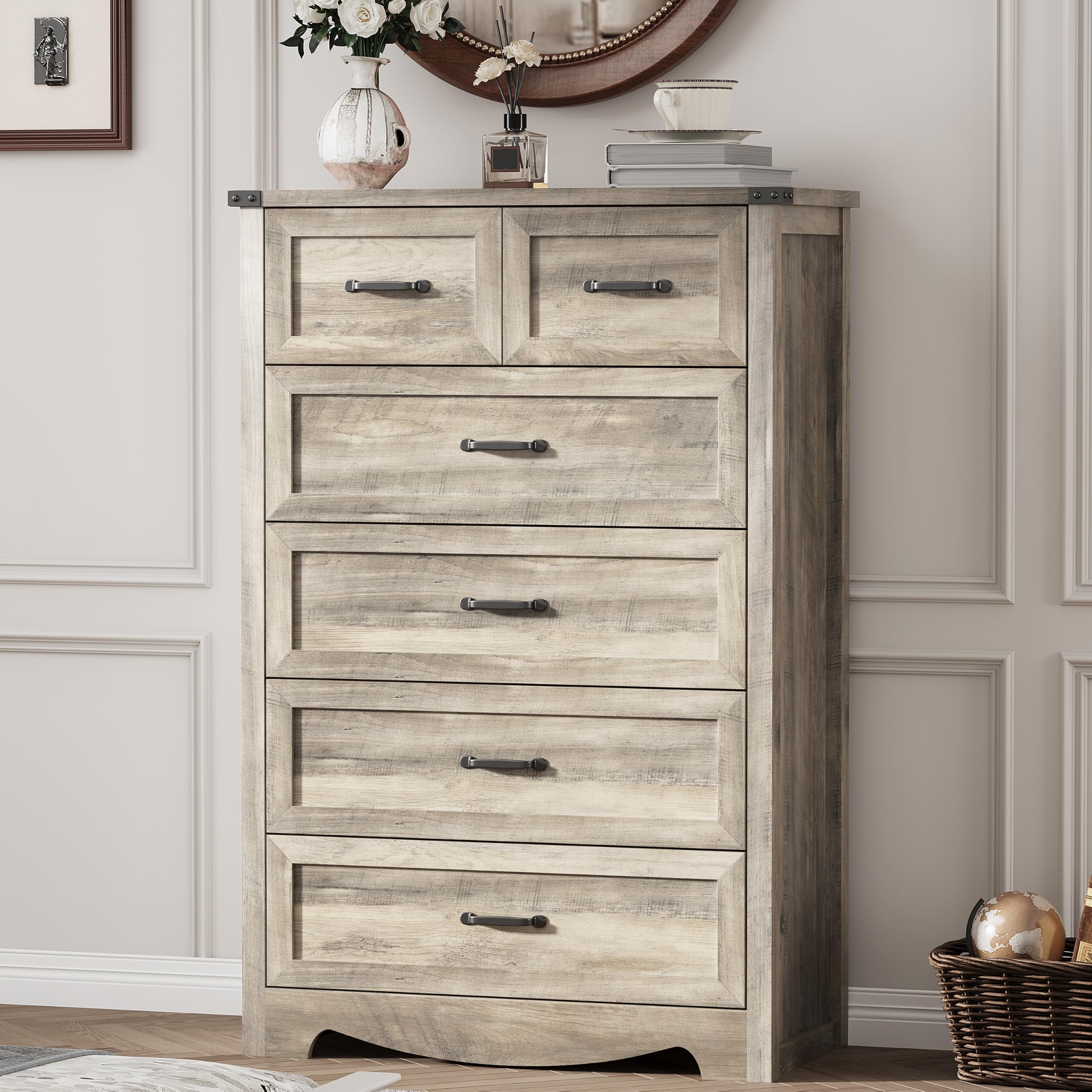 Dresser for Bedroom with 6 Drawers, 49" Tall Wood Chest of Drawers with Deep Drawers &amp; Mental Handle, Modern Dresser TV Stand, Wooden Closet Storage Organizer for Living Room, Hallway, Entryway, Grey