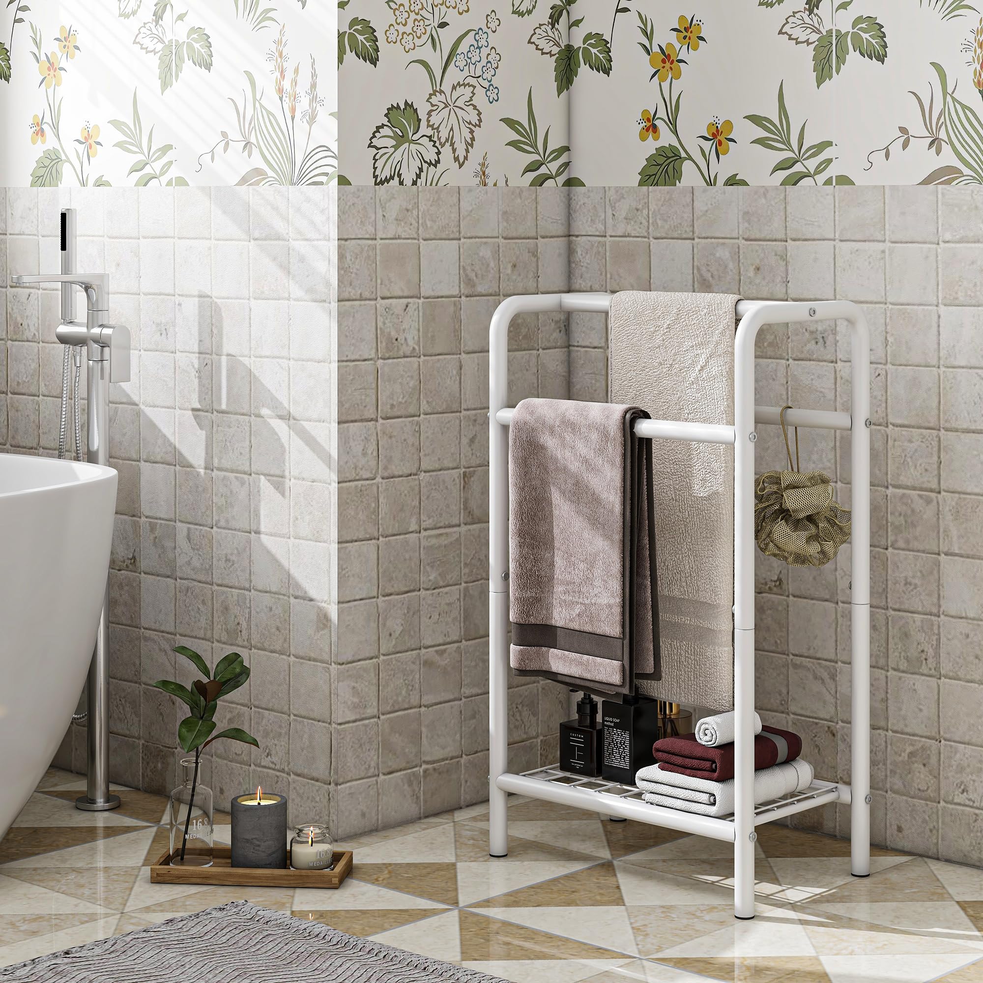 Portasciugamani a 3 livelli in metallo, piccolo autoportante per bagno, salvaspazio, camera da letto, piscina, espositore rack (bianco, 43x27x76 cm)