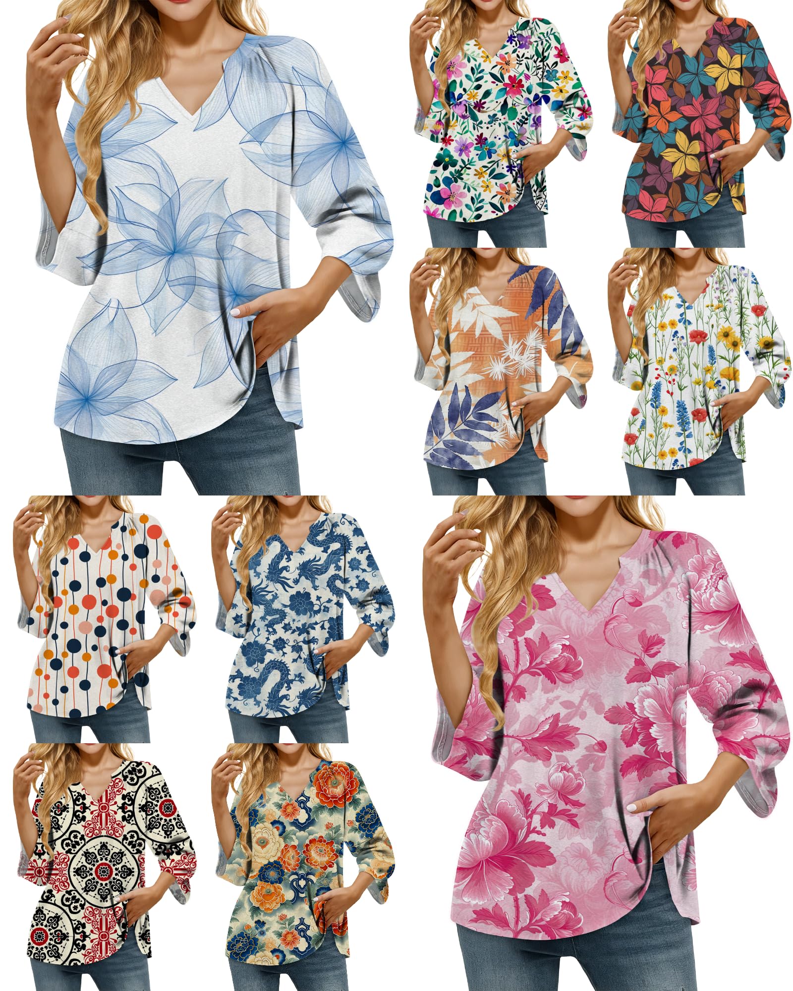 MARSVOVO Casual Tunic Tops for Women Loose Dressy 3/4 Sleeve V Neck Boho Shirts Travel Office Summer Top