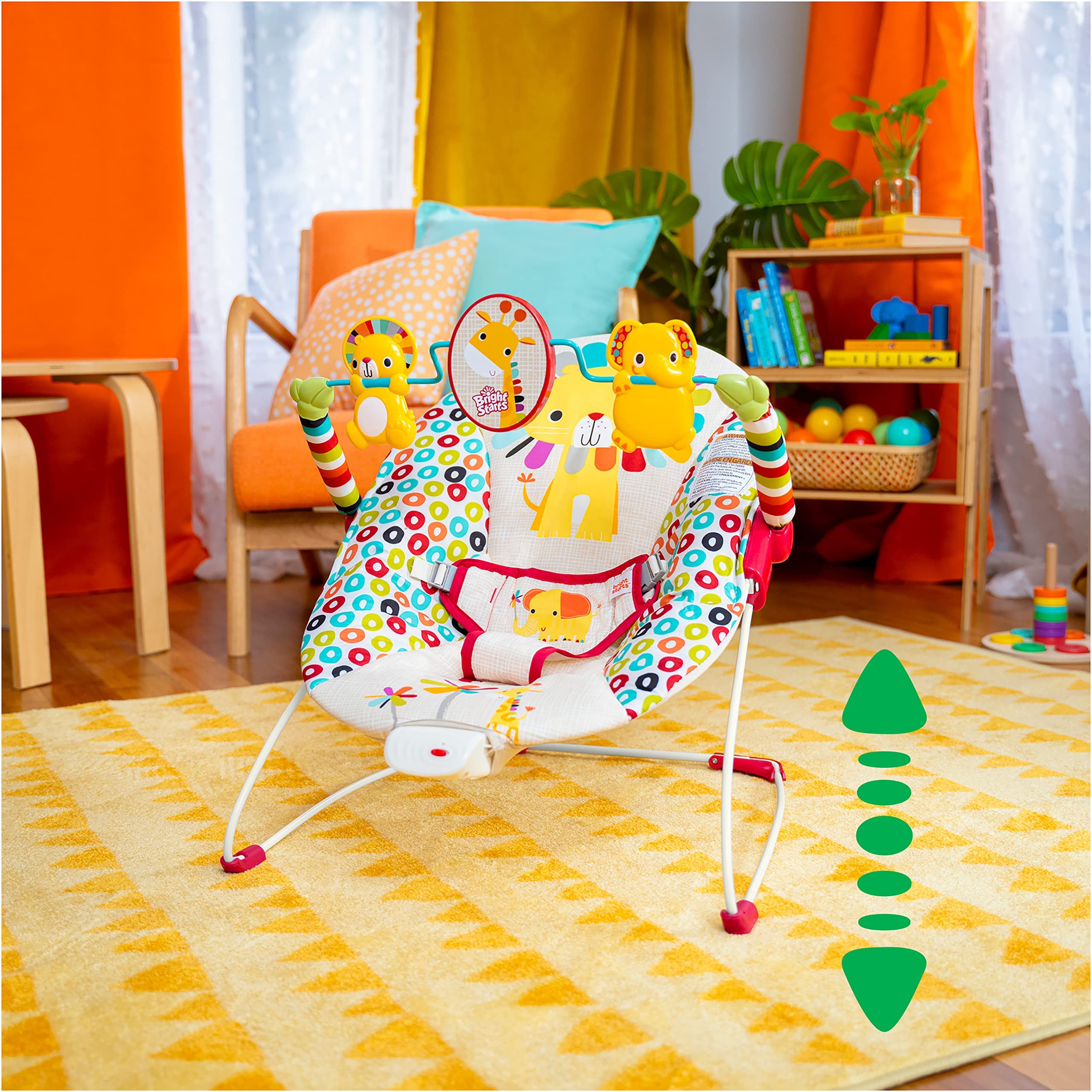 Bright Starts, Playful bujanka dla niemowląt z wibracjami, zdejmowanym łukiem do zabawy i interaktywnymi zabawkami