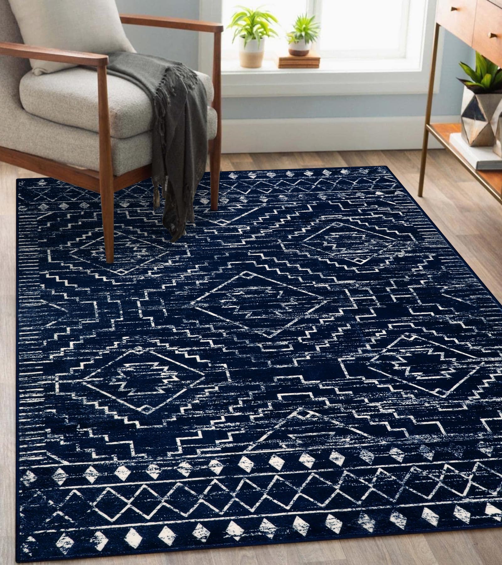 Wonnitar Moroccan Washable Area Rug 4x6, Blue Rugs for Living Room, Non-Slip Boho Bedroom Throw Mat, Non-Shedding Large Geometric Low Pile Floor