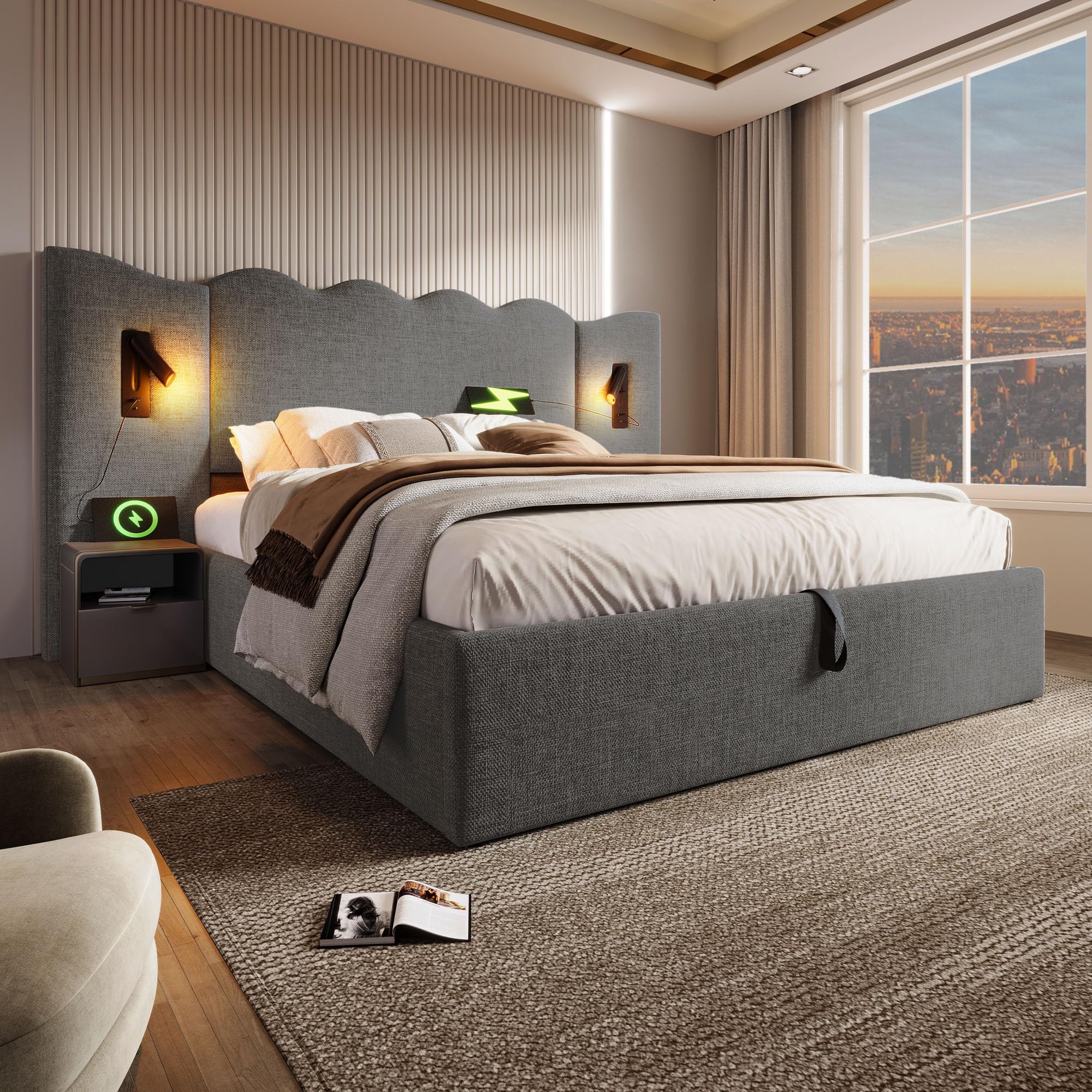 Letto Matrimoniale con Contenitore 180x200 cm con LED e USB, Letto imbottito una piazza e mezza con Testiera e Vano Portaoggetti, Letto Contenitore con rete a doghe, Struttura in lino grigio