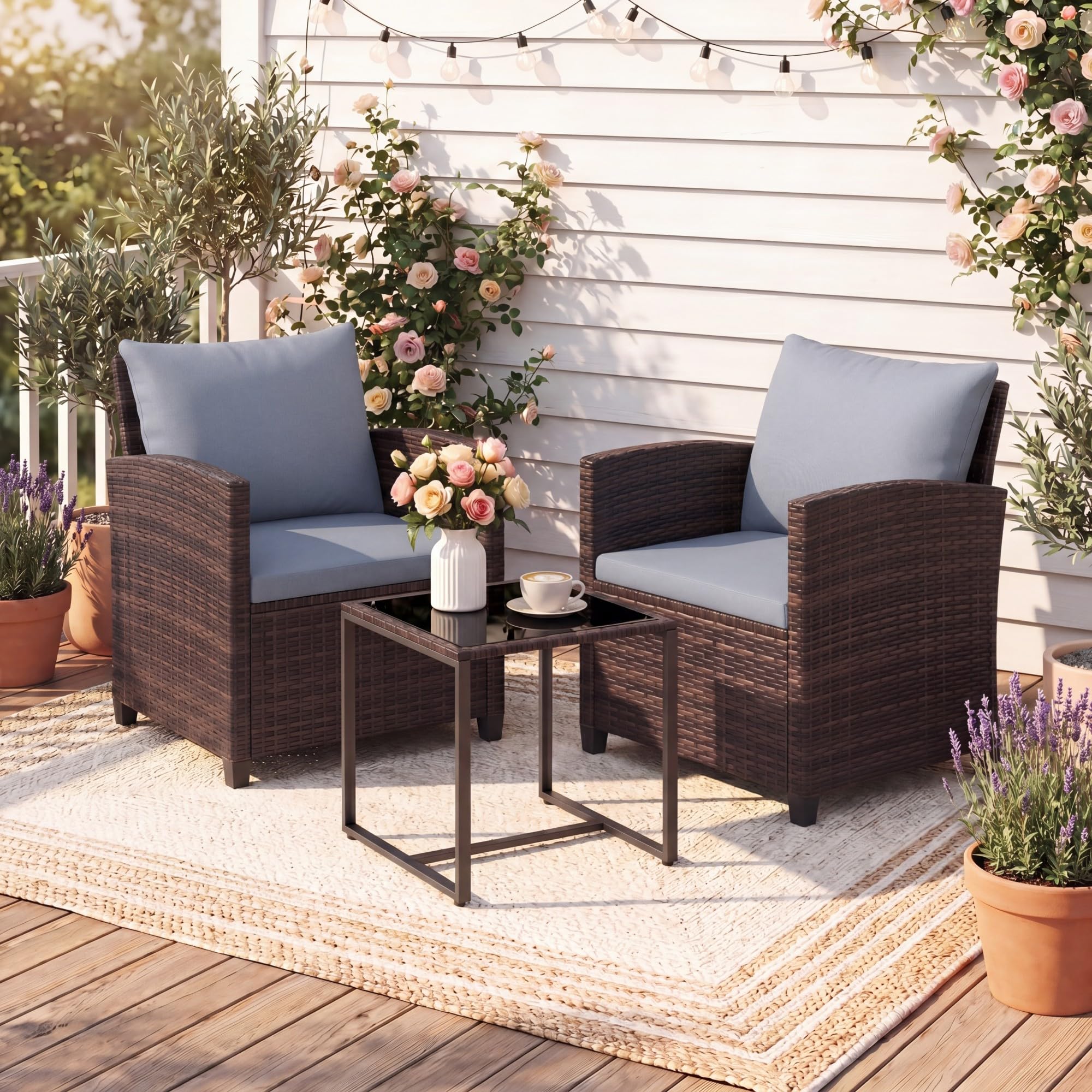 GIANTEX Set da Giardino 3 Pezzi, Salotto Esterno 2 Poltrone con Cuscini + Tavolino in Vetro, Marrone+Grigio