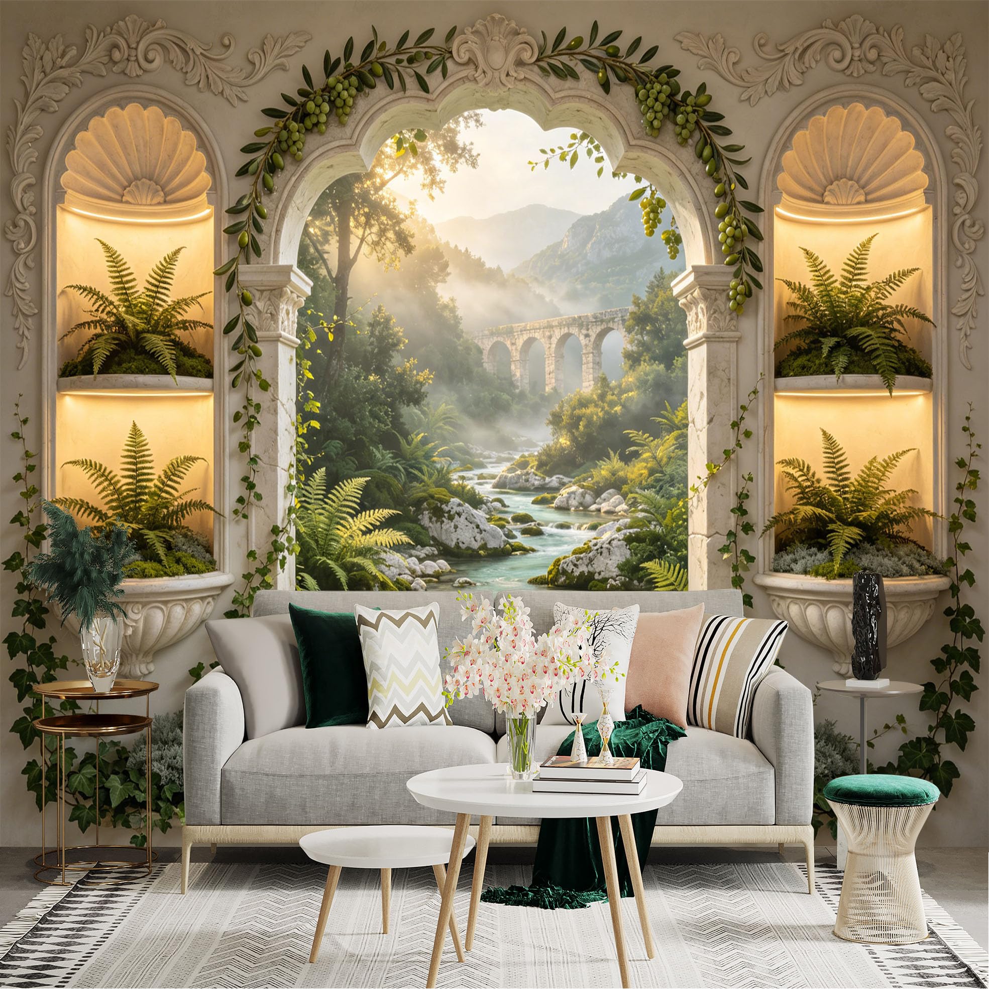 Lnzczhyre Dbh260521975 Custom Size Wall Sticker Mural， Arch Window With Tuscan Landscape， Stone Bridge Over River， Lush Green Ferns， Mediterranean Garden View， For Wall Decoration， Peelandstick Wall Decals.