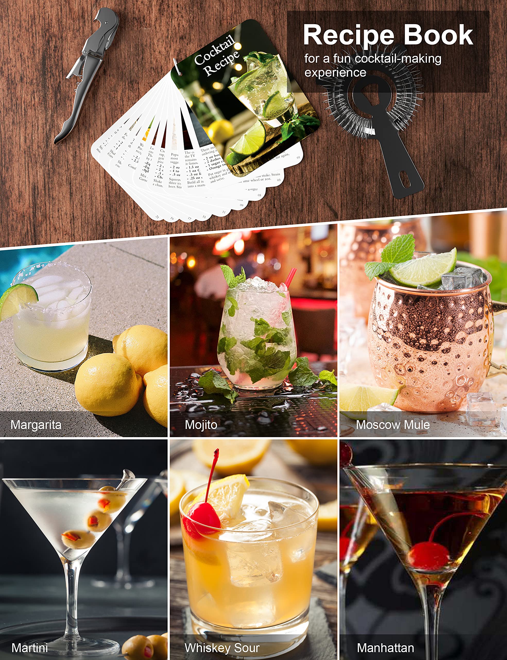 Bartender Kit – Set da 11 pezzi per cocktail con supporto – Set di strumenti da barra: 708,7 g Martini Shaker, Jigger, Muddler, Pinze per ghiaccio, colino, versatori di liquori, cucchiaio,
