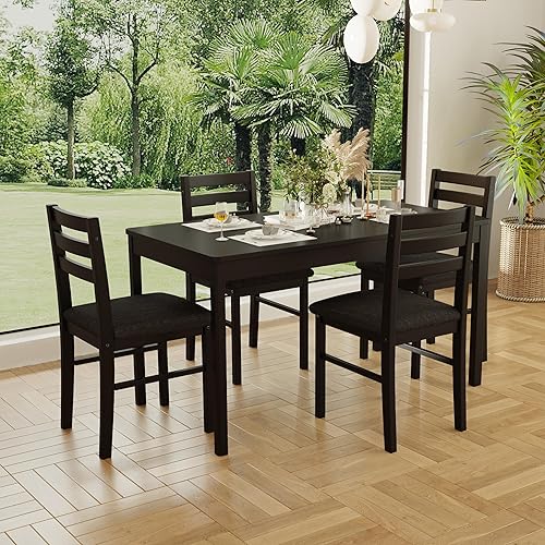 Miniatura 3 de Juego de Mesa de Comedor Rectangular Moderna de Madera Maciza de Interior de 5 Piezas para 4, Mesa y 4 Sillas con Cojines Suaves para Cocina, Bar,