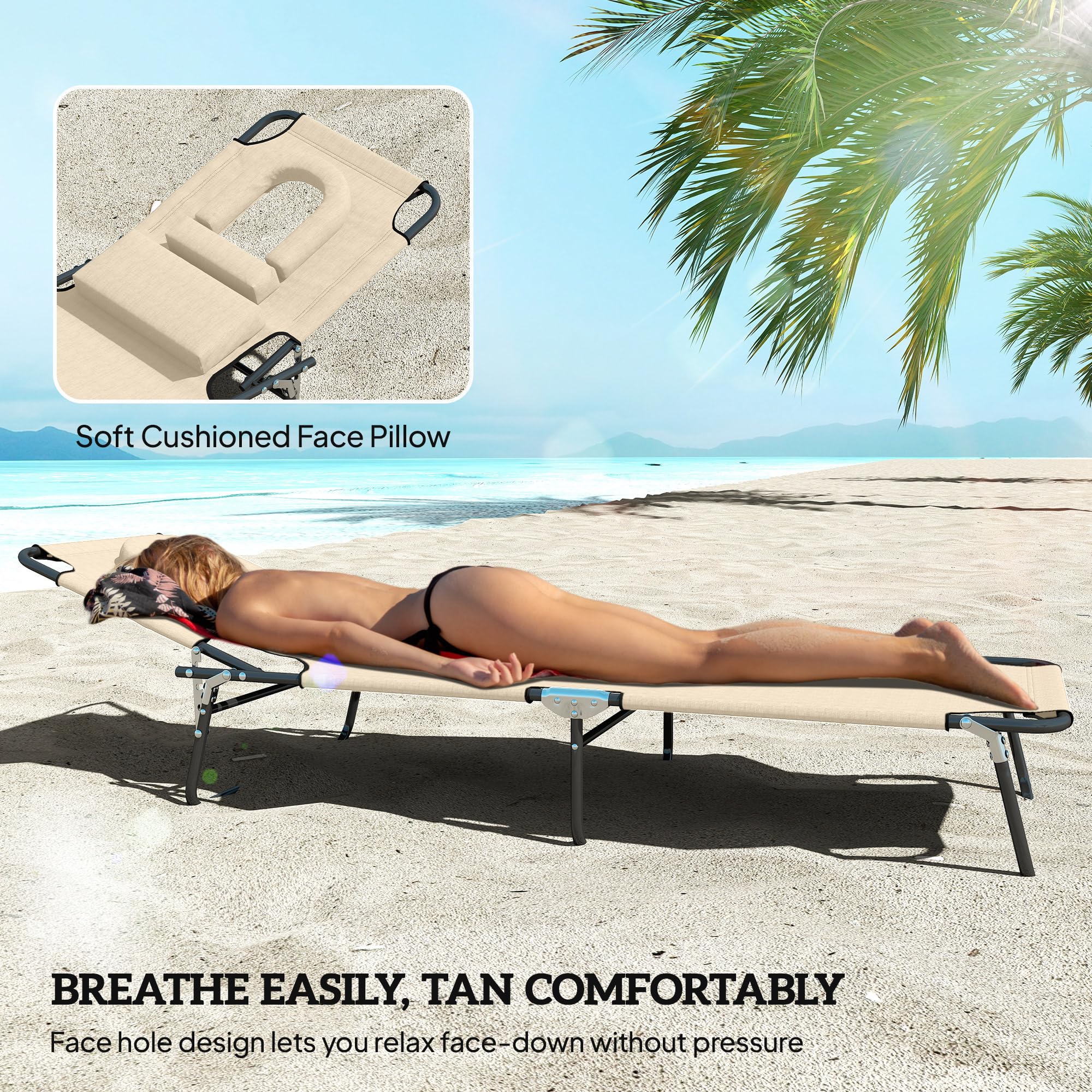 Outsunny Lot de 2 transats pliants avec Trou pour Visage, Sable | Transat de jardin à dossier réglable 4 positions, siège Oxford 500D, coussin, plage