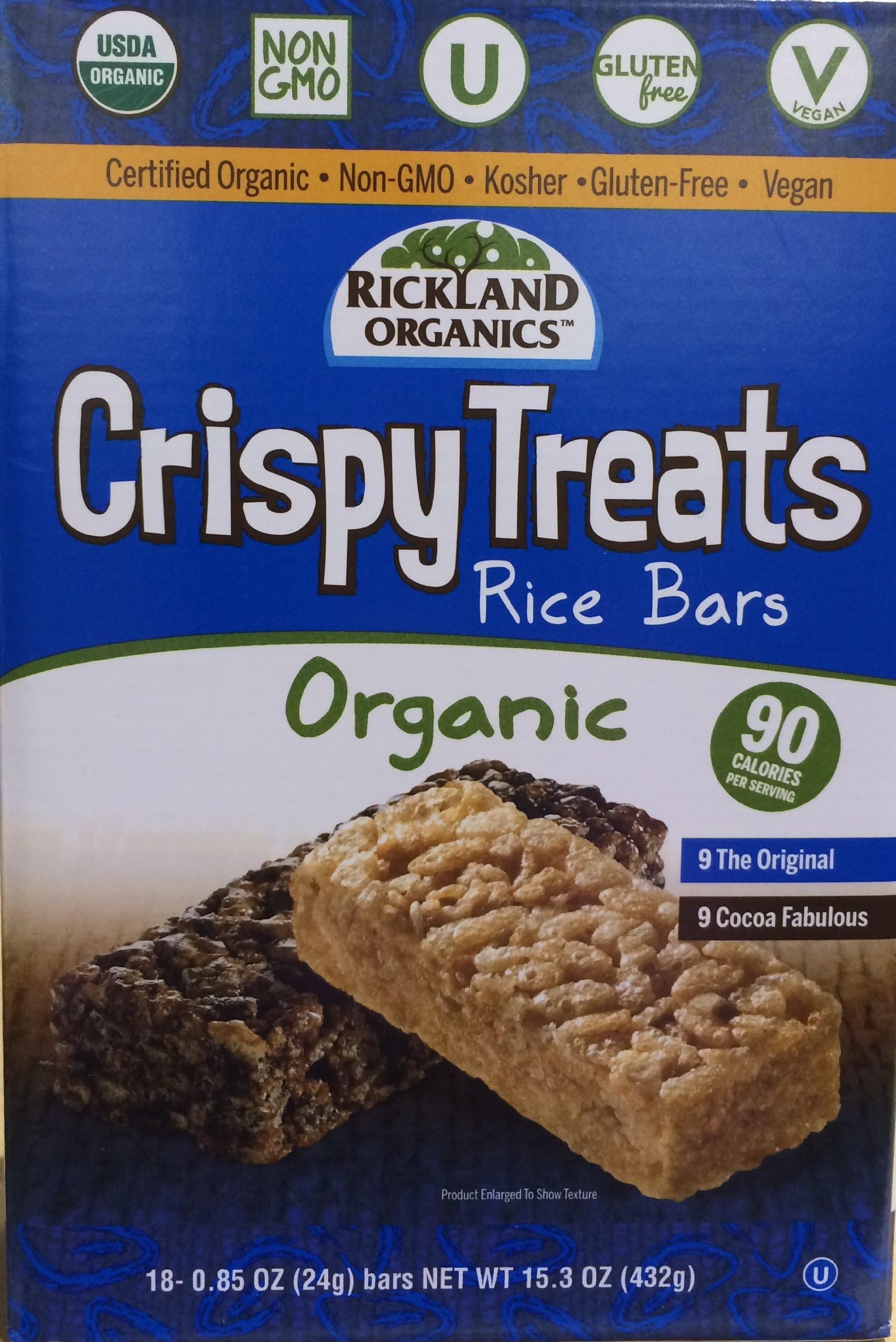 18 Bars x 0.85oz Rickland Organic Crispy Treats Rice Bars: 9 Original + 9 Cocoa Fabulous, Non GMO, Gluten Free, Vegan