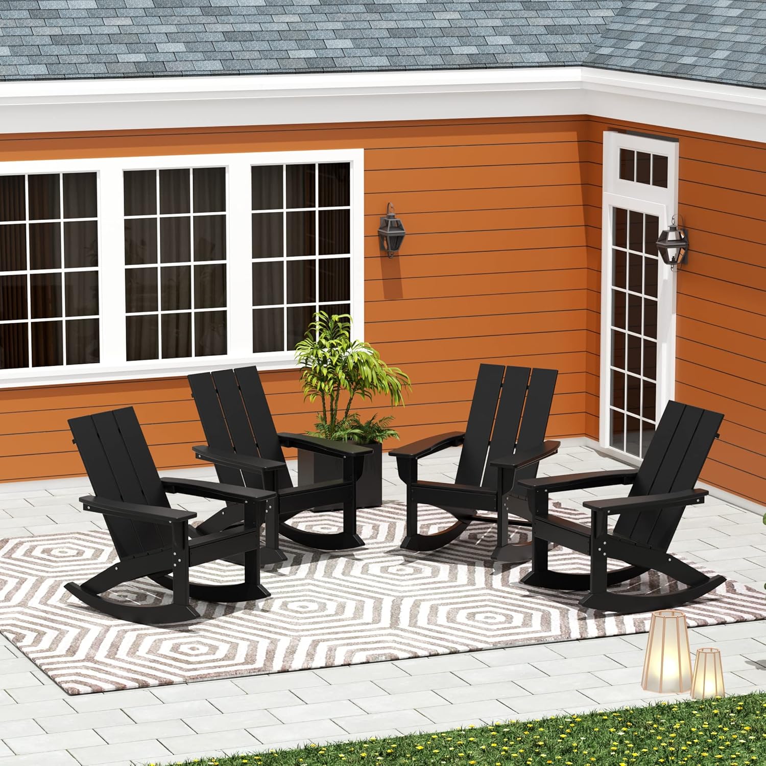 WO WESTIN OUTDOOR HDPE Shoreside Modern Rocking Poly Adirondack Chair (Set of 4),Black