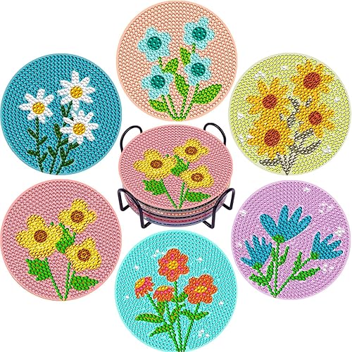 Miniatura 8 de DOTSOPS Paquete de 6 posavasos de arte de diamantes con soporte, kits de pintura de diamantes 5D para adultos, redondos, taladro, principiantes,