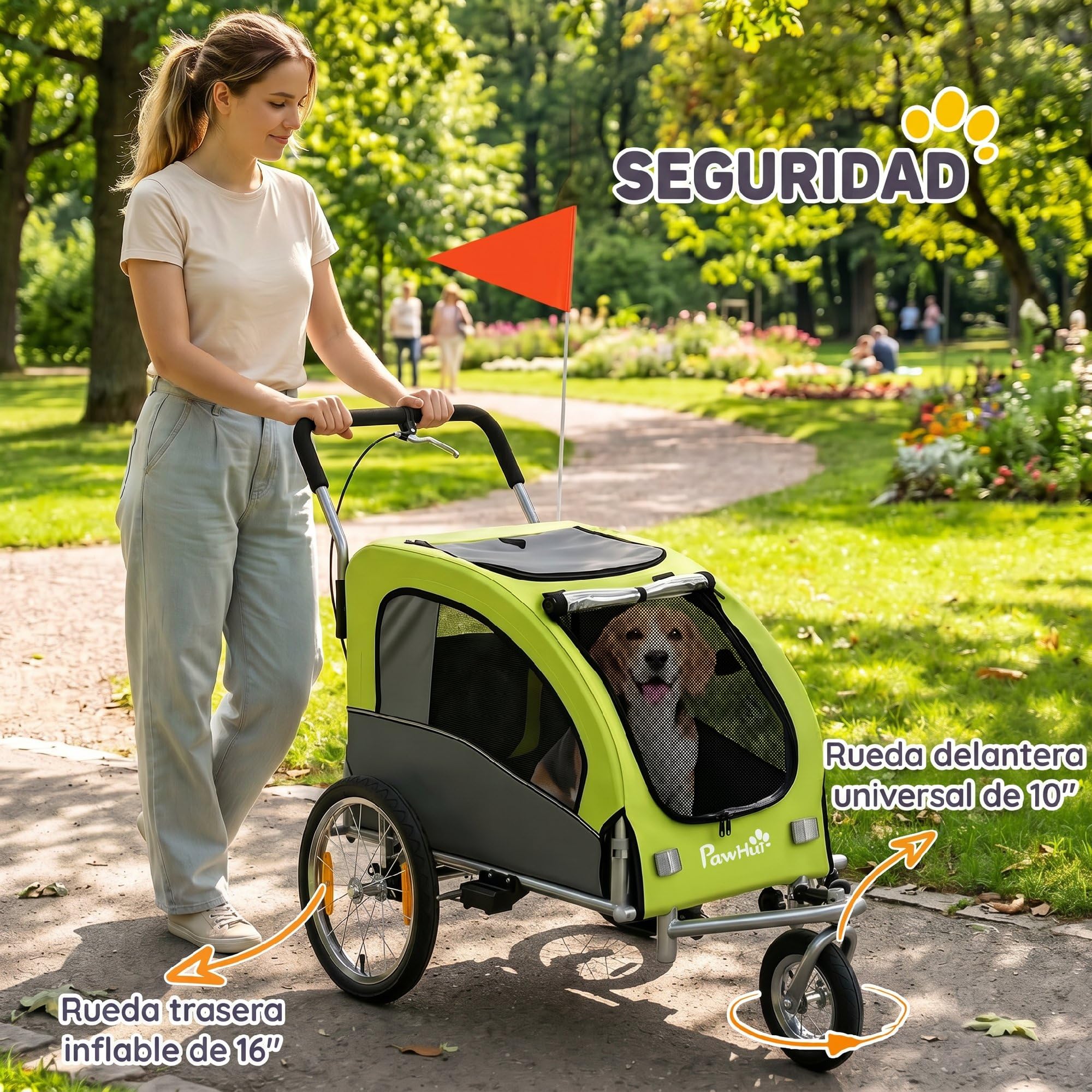 PawHut Remolque de Bicicleta Perros 2 en 1, Carrito para Perros Medianos y Gatos Plegable con Suspensión, Neumáticos Grandes, Ventanas de Malla, Freno de Mano, Reflectores, Bandera, Verde