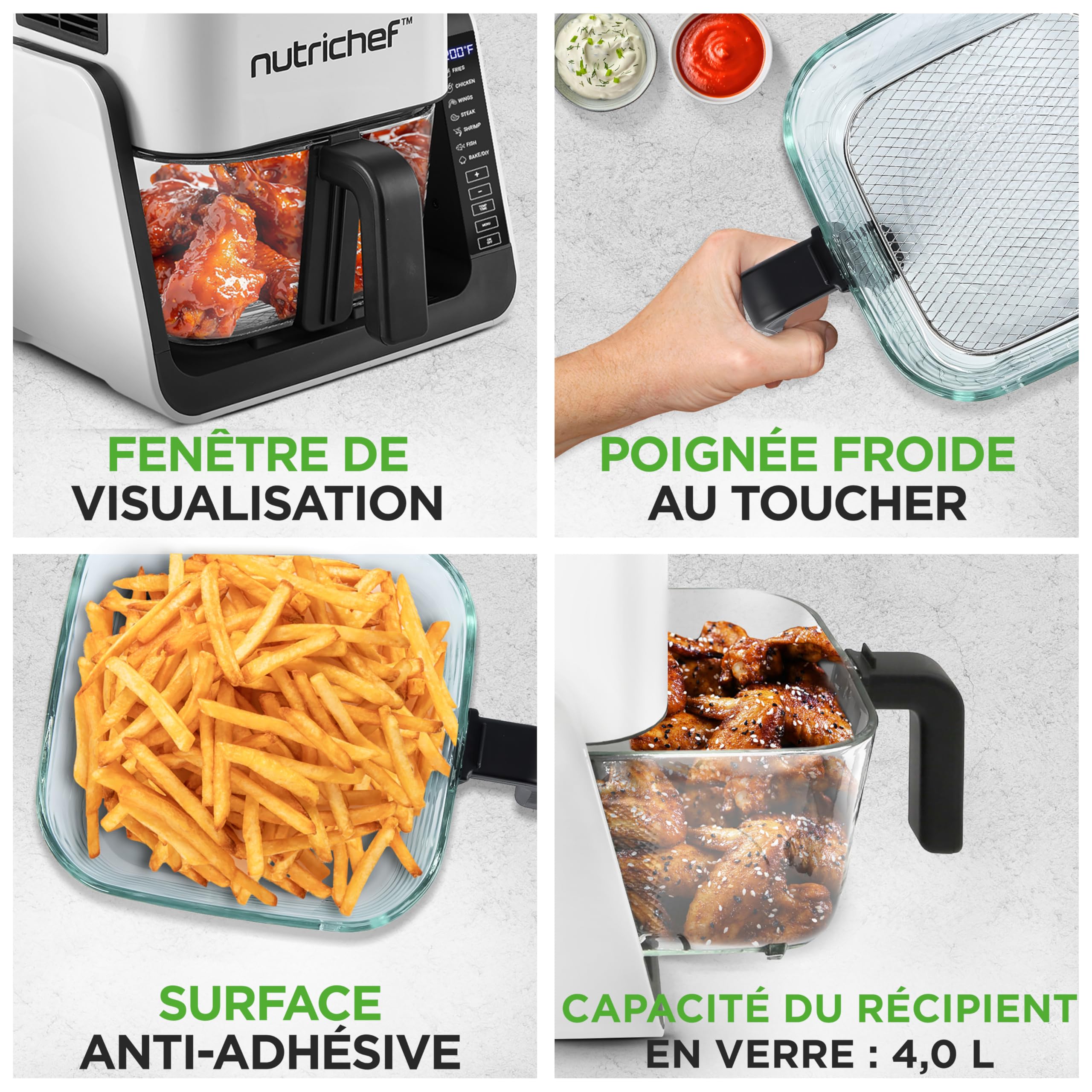 NutriChef Friteuse à Air avec Gril 1500W – Air Fryer à Bol en Verre Transparent 4L & Gril 1,2L, Double Niveau, 8 Programmes | Friteuse Sans Huile Frites, Ailes, Steaks