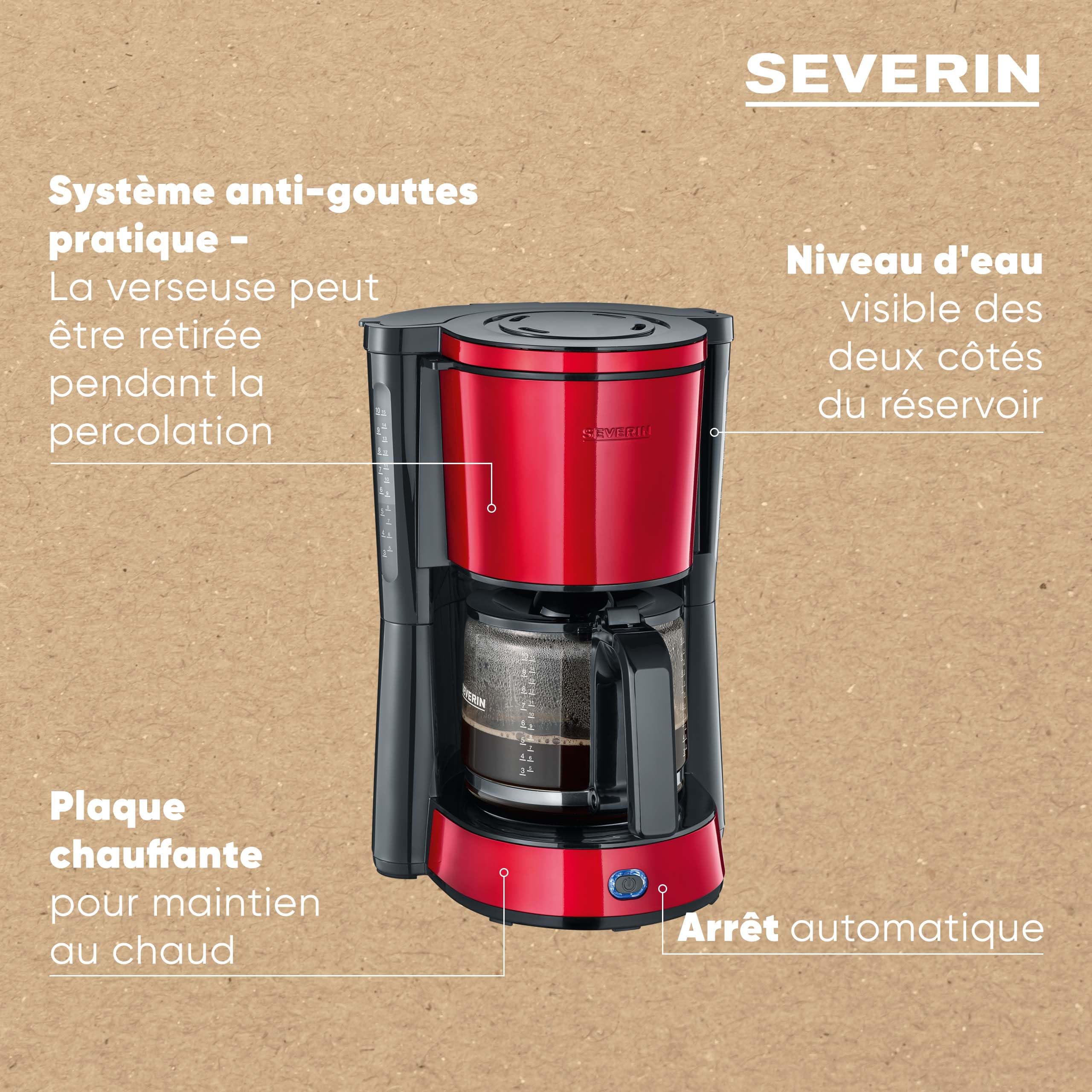 SEVERIN Cafetière Filtre 1000W 1,4L 10 tasses Porte-filtre amovible Anti-goutte Noir Rouge KA 4817