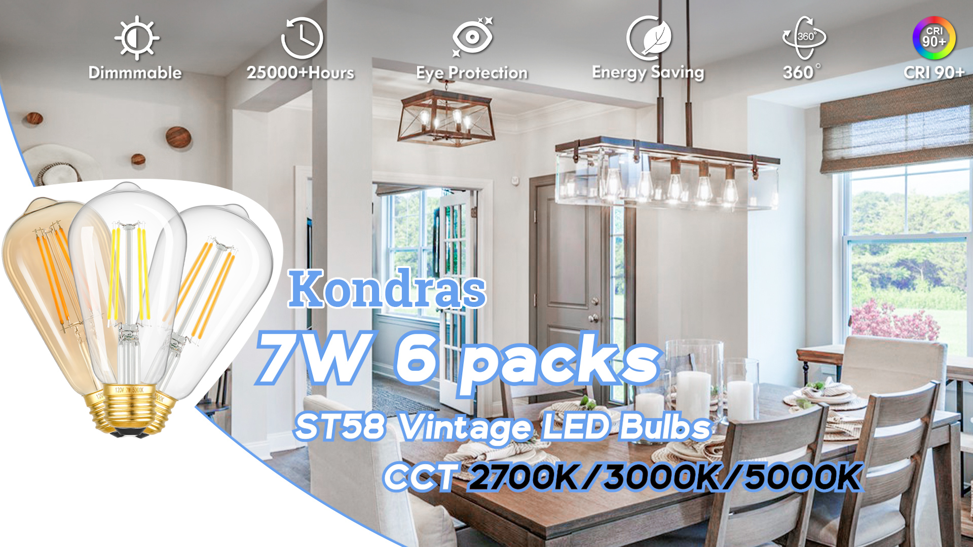Image of 6-Pack 7W Dimmable LED Light Bulbs, 60Watt Equivalent Edison Bulbs, 850LM Ultra Bright LED Bulbs, 5000K Daylight White, ST58 Vintage Antique Bulbs, E26 Medium Base, CRI90+, Clear Glass, No-Flicker