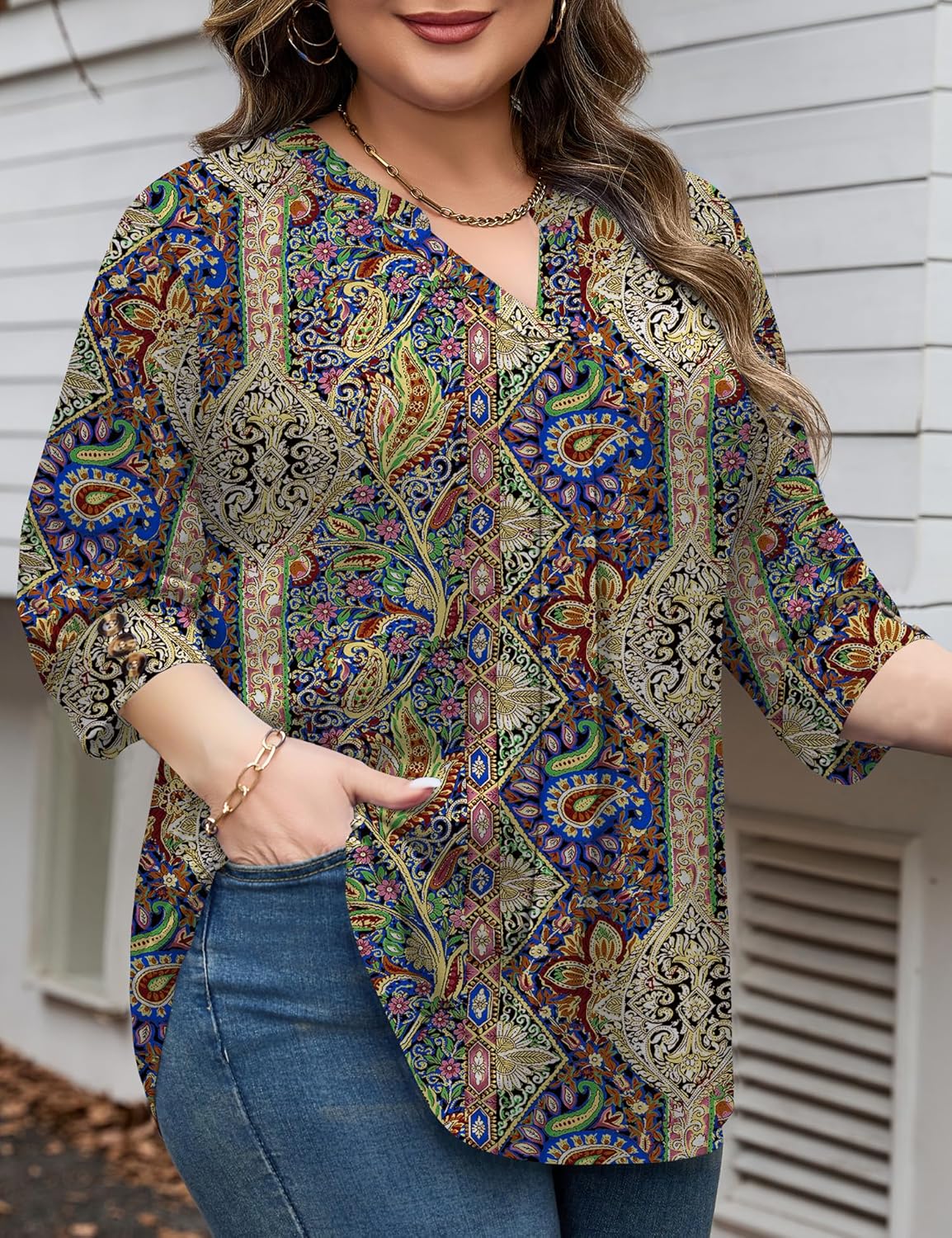 TFSDOD Womens Plus Size Tops 3/4 Length Sleeve Womens Tops V Neck Blouses Pleated Tunic Plus Size Fashion (1X-5X) - Image 4