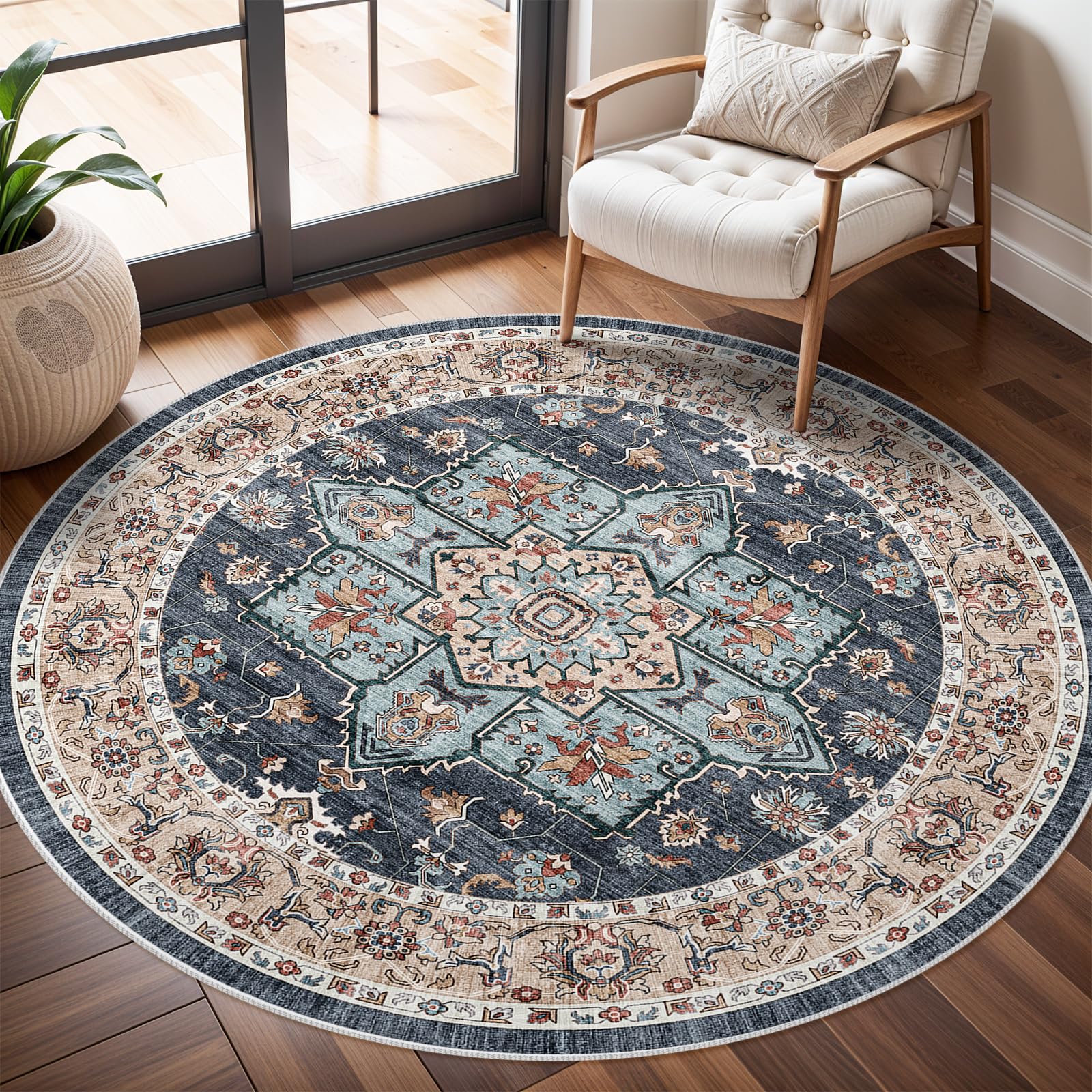 Washable Oriental Area Rug - 6ft Rugs for Living Room Soft Carpet for Bedroom Waterproof Floral Distressed Indoor Stain Resistant Non-Shedding Floor
