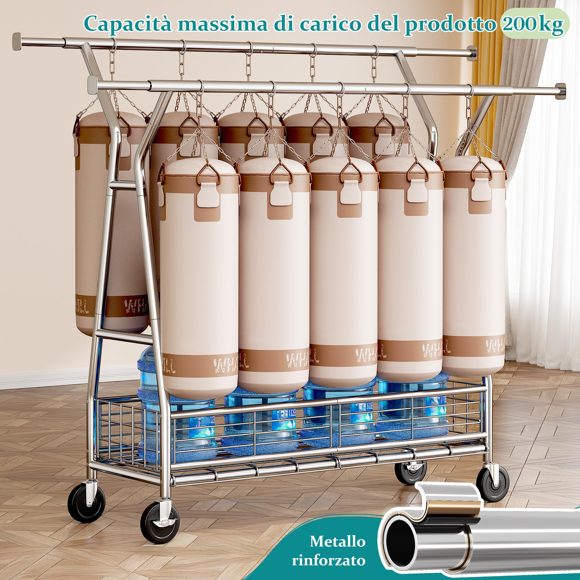 Stand Appendiabiti con Ruote e Cestino, Portata max 200KG, Argento | Doppia barra (alta e bassa) e vassoio rete, appendiabiti estensibile 106–166 cm, per Presentazione, Stoccaggio, Argento