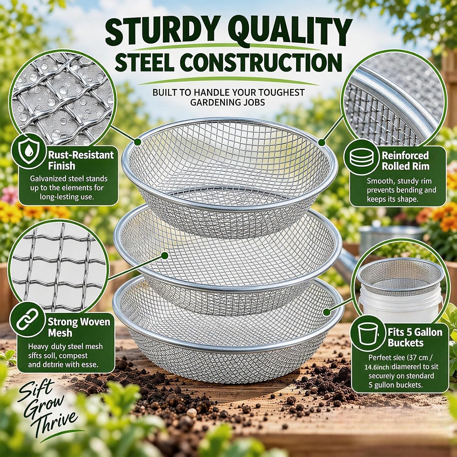 3Pcs Soil Sifter Set for Gardening, Grid Rock Sifter for 5 Gallon Bucket