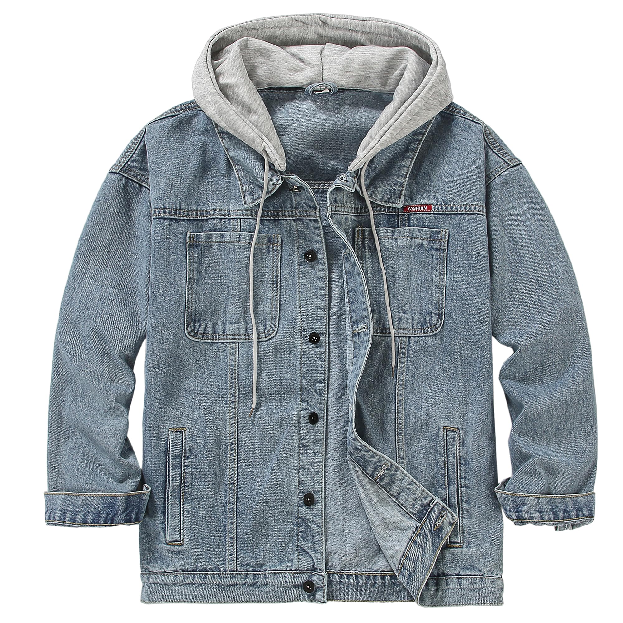 DOSLAVIDA Men's Distressed Denim Jacket Unisex Button Down Jean Coat Casual Long Sleeve Trucker Hooded Jackets Outwear