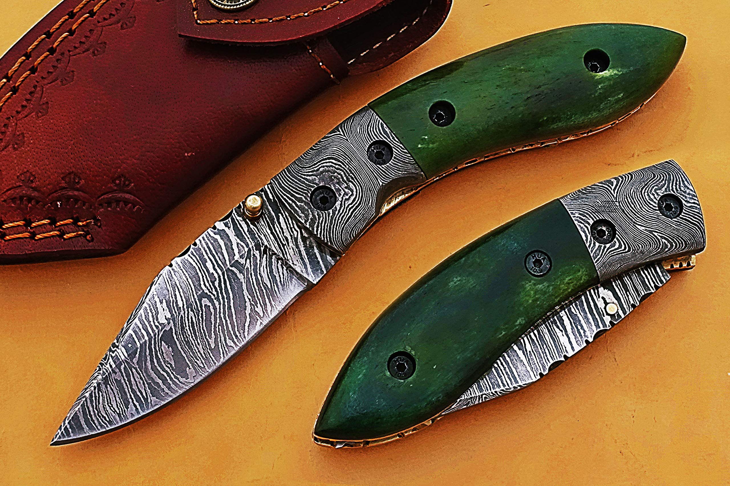 Smart & Sharp Custom Handmade Damascus Steel Folding Knife/Pocket Knife SS-17364 (Green Colored Bone) (Green Bone)