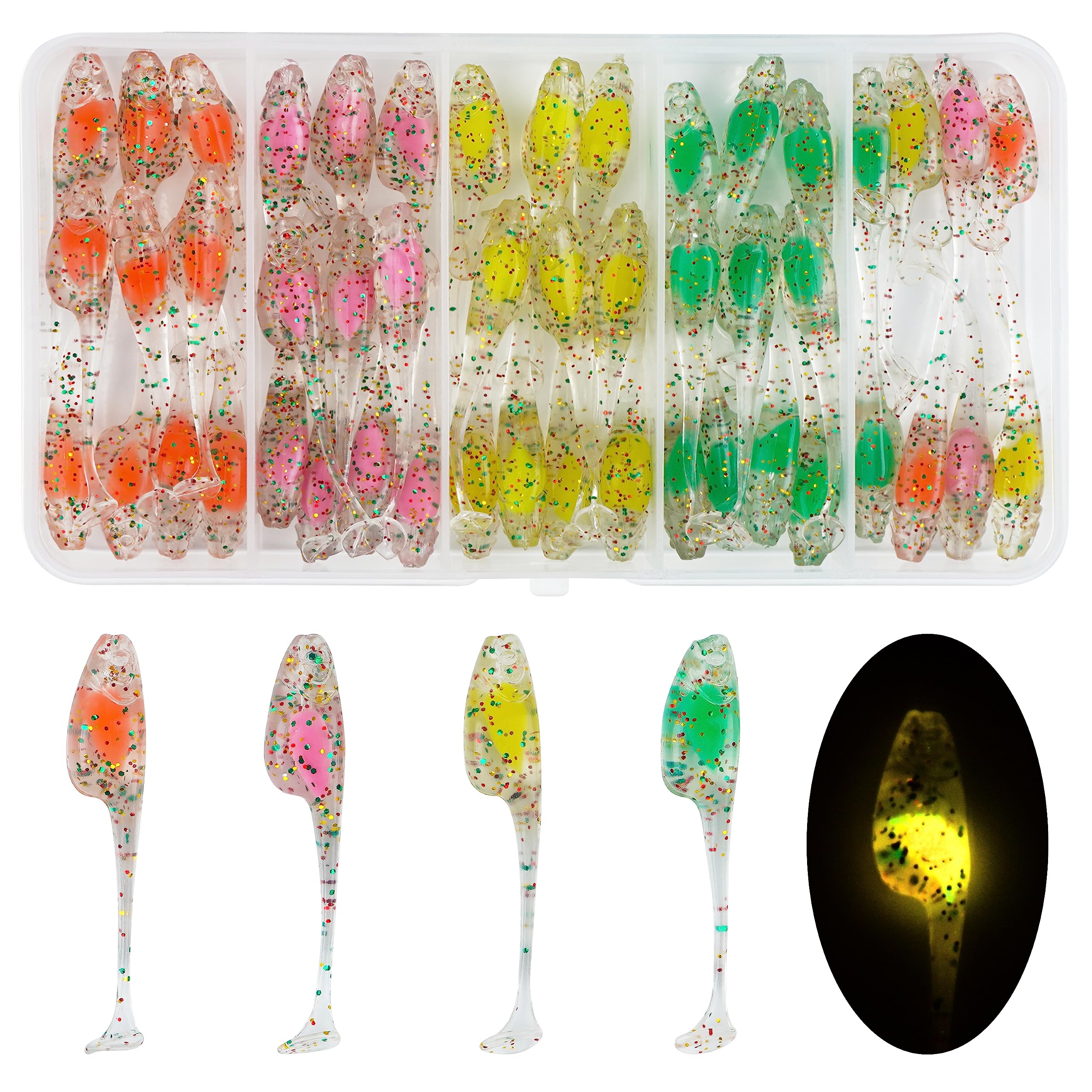 Crappie Lures Jigs Heads Kit, 55/48pcs Crappie Baits with Underspin Jig Heads Set Split Paddle Tail Grub Baits Soft Plastic Fishing Lures for Bass Panfish Saltwater Freshwater