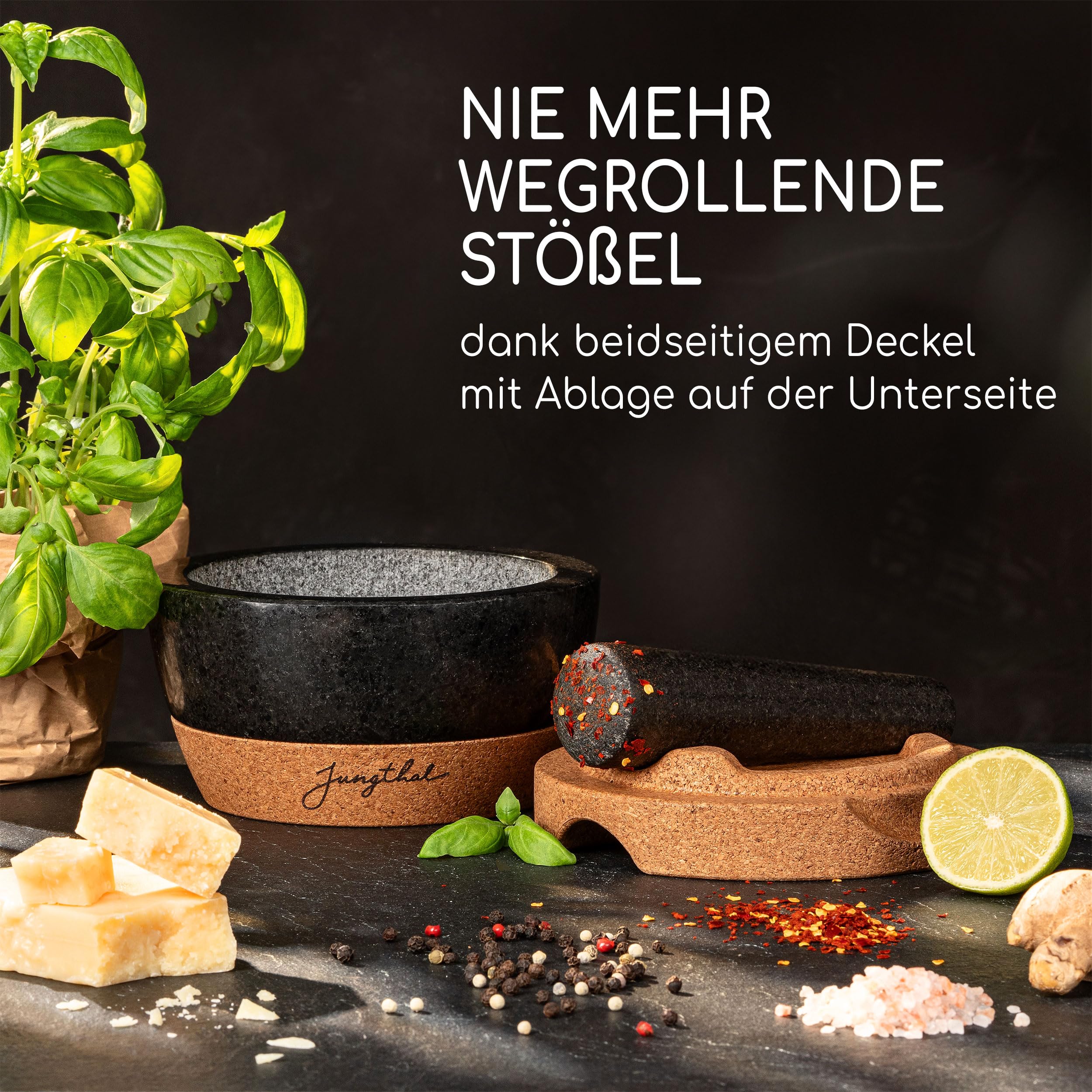 Mörser mit Stößel im Set | Granit + Kork in prämiertem Design | Natürlich, edel und 100% rutschfest | Ø 16 cm groß | Steinmörser für Kräuter und Gewürze | Mortar & Pestle