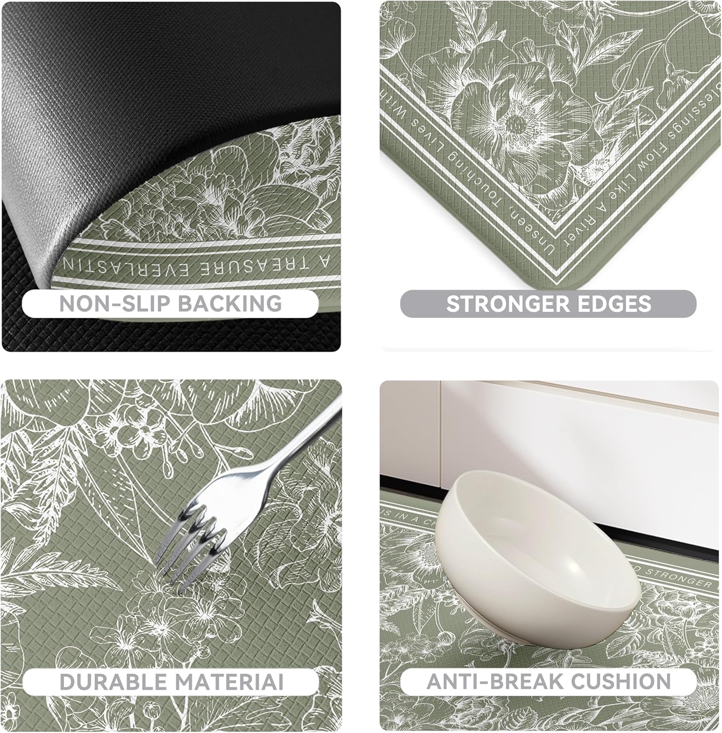 Sage Green Minimalist Line Art Floral Kitchen Rug Sets [2 PCs], Anti-Fatigue, Waterproof Non-Slip Kitchen Mats Heavy Duty Comfort Foam Rug for Kitchen, Floor, Laundry,17"x29"+17"x47"