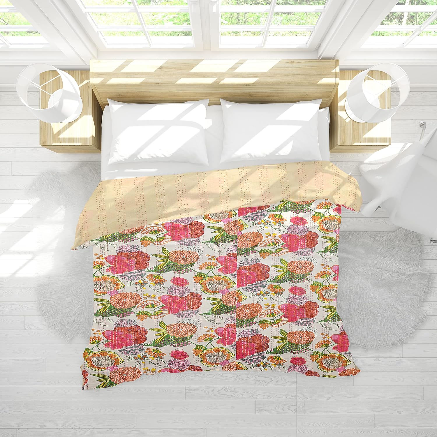 Buy Rajasthani Handmade Stitched Kantha Bedspreads Vintage Style Kantha Quilt, Green Pure Cotton