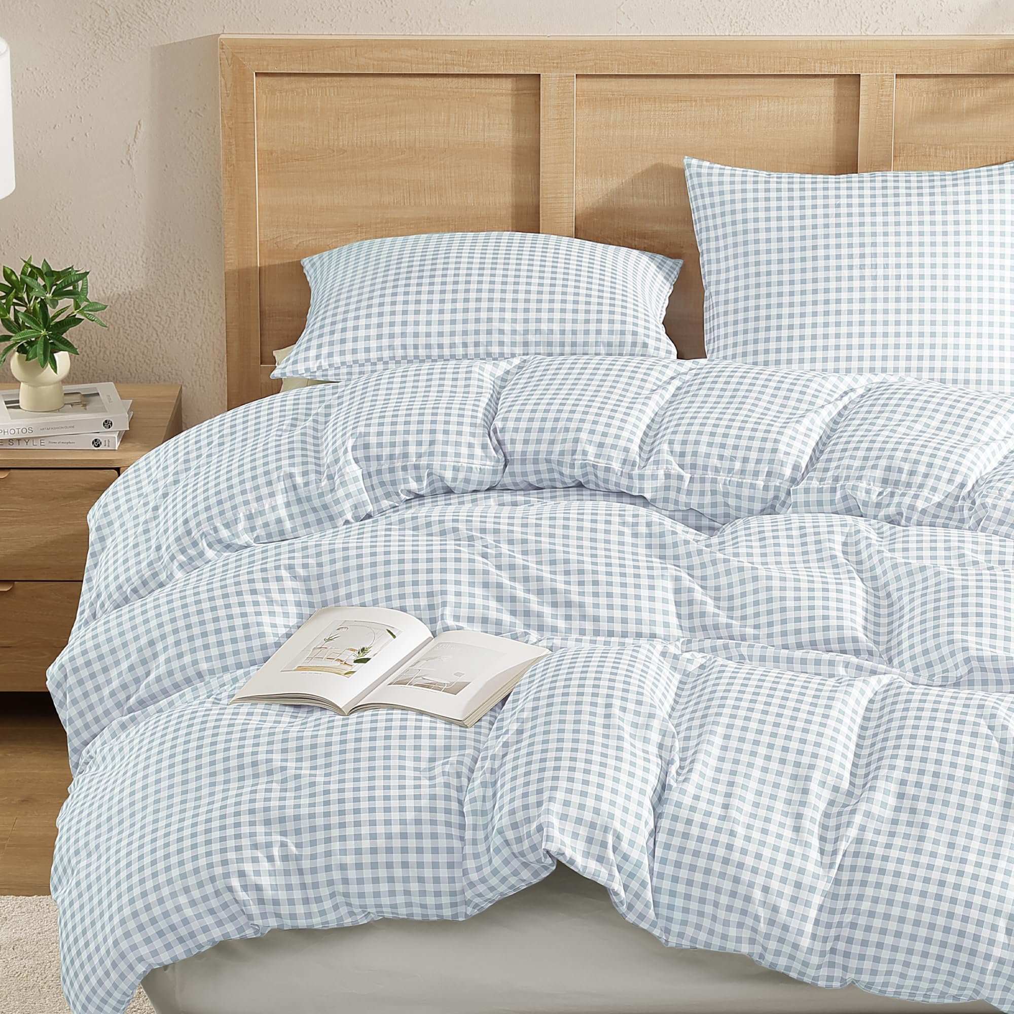 Andency Blue Gingham Duvet Cover Full, Blue Checkered Plaid Bedding Set