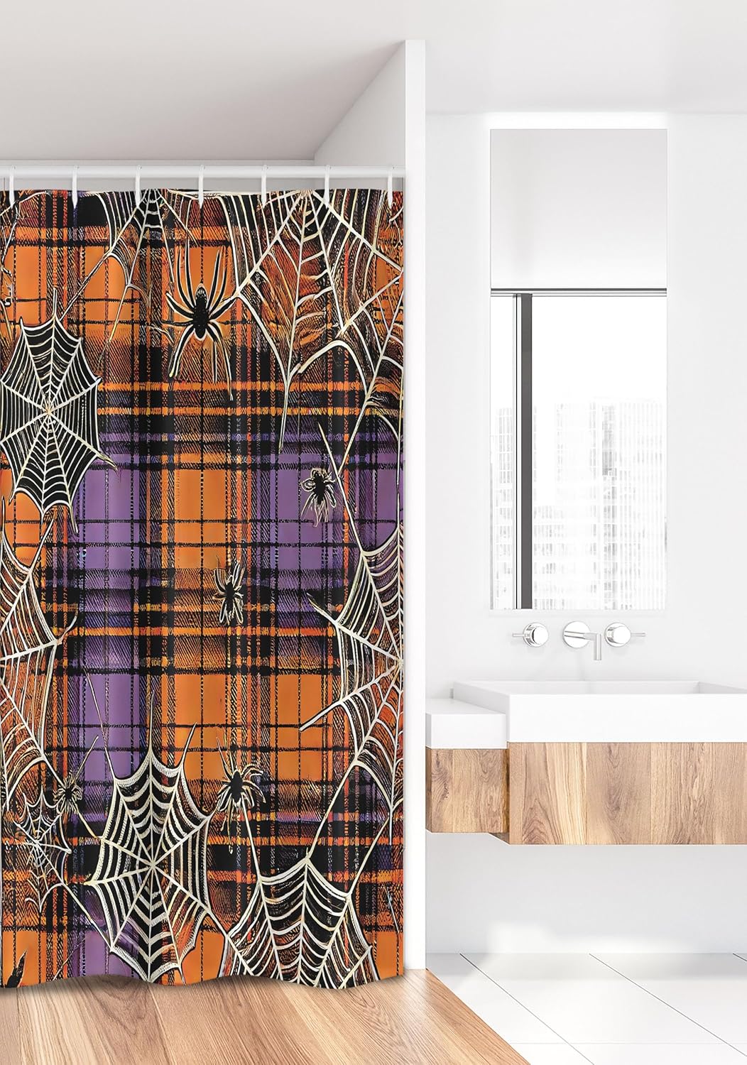 Ambesonne Halloween Stall Shower Curtain, Rustic Horror Themed Classic Autumn Tones Buffalo Plaid with Spiders, Fabric Bathroom Decor Set with Hooks, 36" W x 72" L, Apricot Lilac Dark Grey
