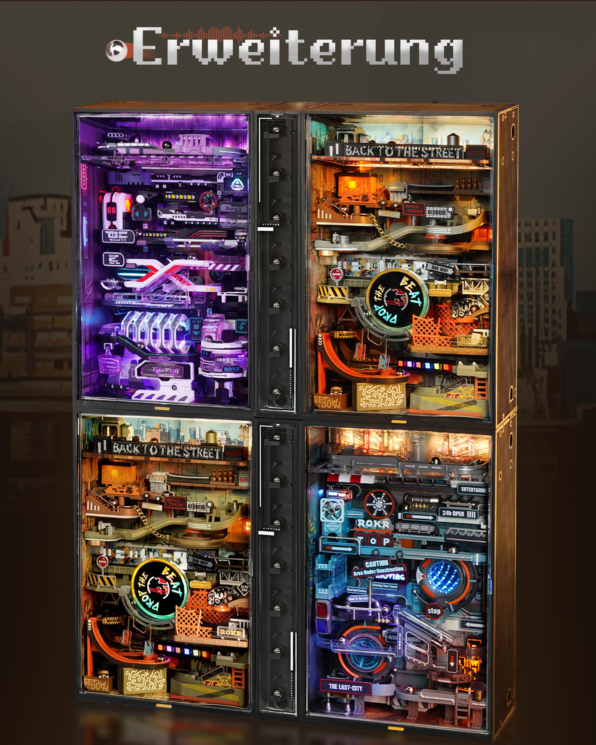 ROKR Kugelbahn 3D Puzzle Erwachsene Hip-hop Street Modell Musik-Sync Gaming Deko Setup Erweiterungsfähige Kits Cyberpunk Geschenkidee für Männer-Parallel World MR03S