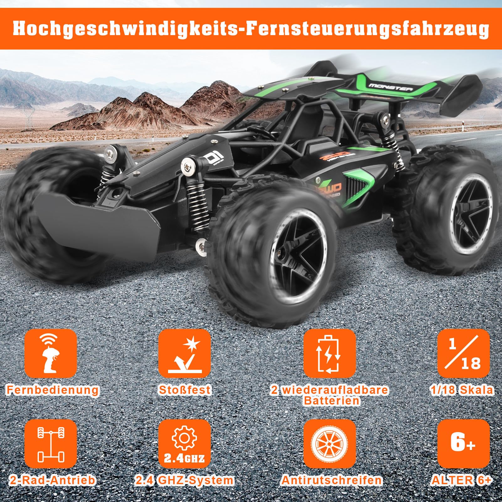 Yabtf Voiture Télécommandée 2.4GHz, Buggy 1:18 20km/h, Jouet Hors Route 40m, Rechargeable 2WD (Vert)