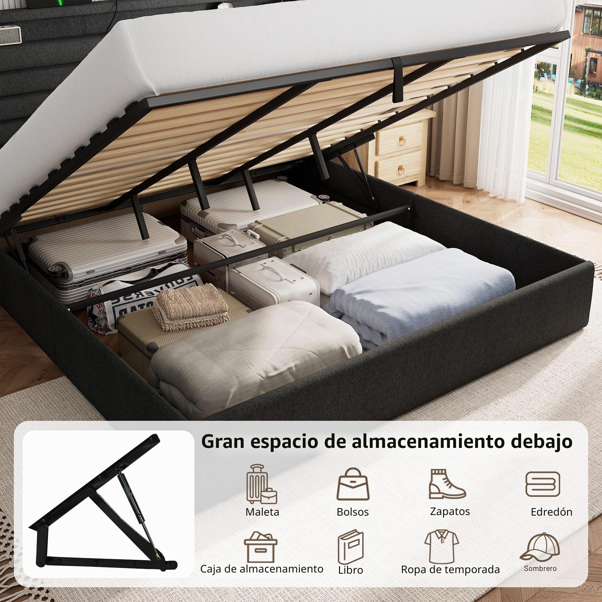 FEONASE Cama 160x200 cm con Almacenamiento, Tapizada, LED y Carga, Cabecero Hidráulico de Lino