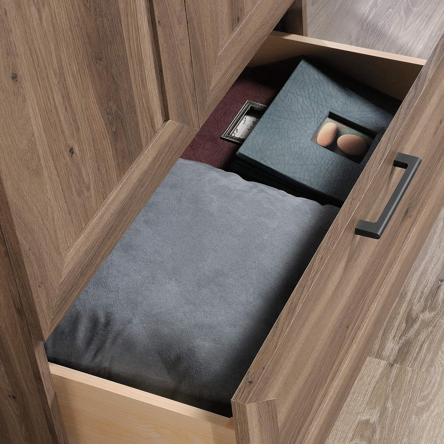 Close-up of the adjustable shelf and garment rod inside the Sauder HomePlus Armoire.