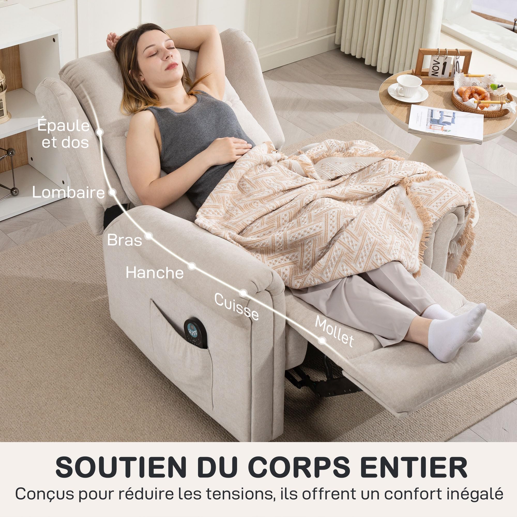 HOMCOM Fauteuil Relax massant et Chauffant, Fauteuil inclinable Beige | Dossier et Repose-Pieds Réglables Manuellement, Tissu Aspect Lin, Poche Latérale, pour Salon, Chambre