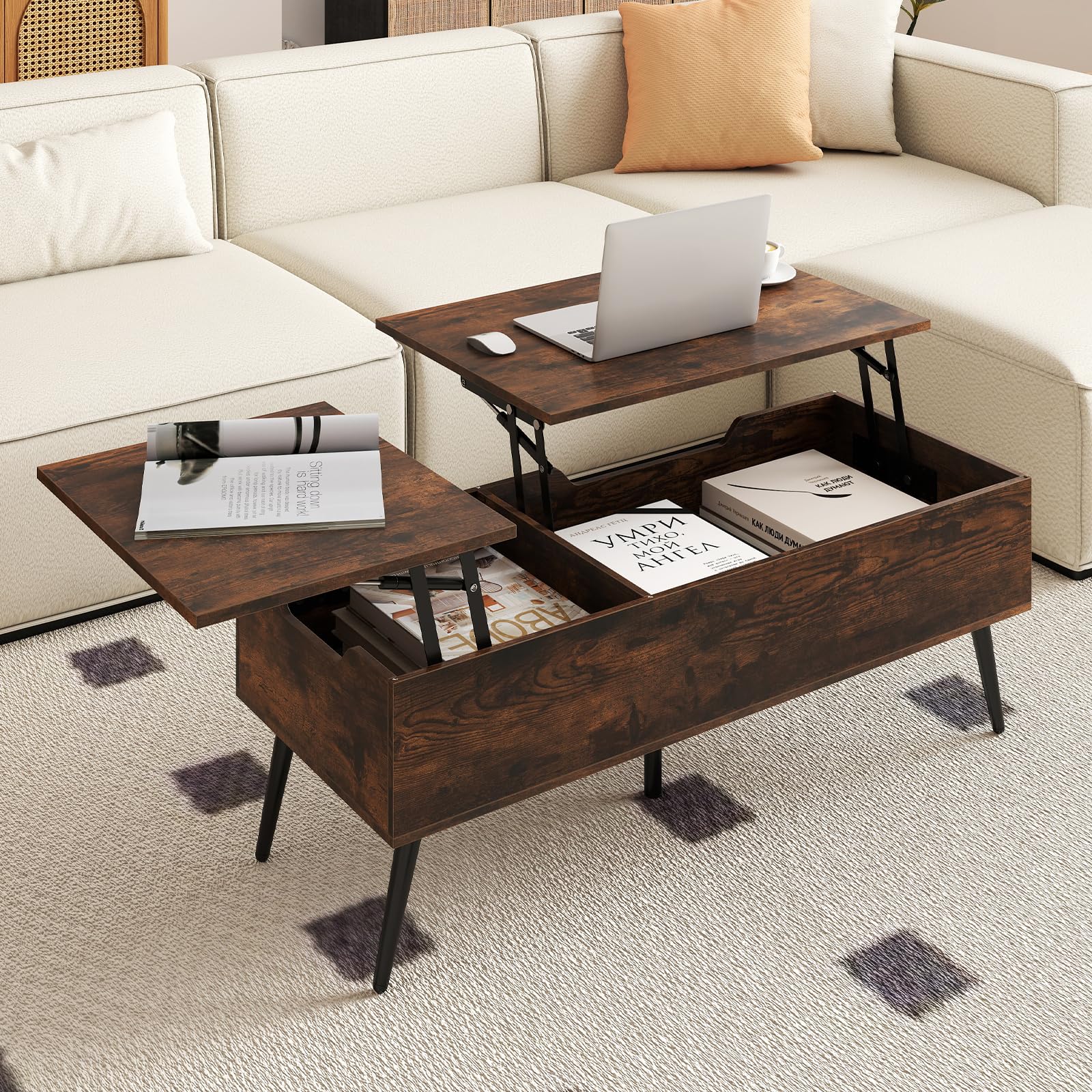 LIFEZEAL Tavolino da Salotto Sollevabile, Tavolino Basso da Caffè, da Soggiorno, Moderno, Salvaspazio, in Legno, con Piano Elevabile, Gambe in Metallo, Contenitore, 2 Scomparti, 110,5x48x40cm, Marrone