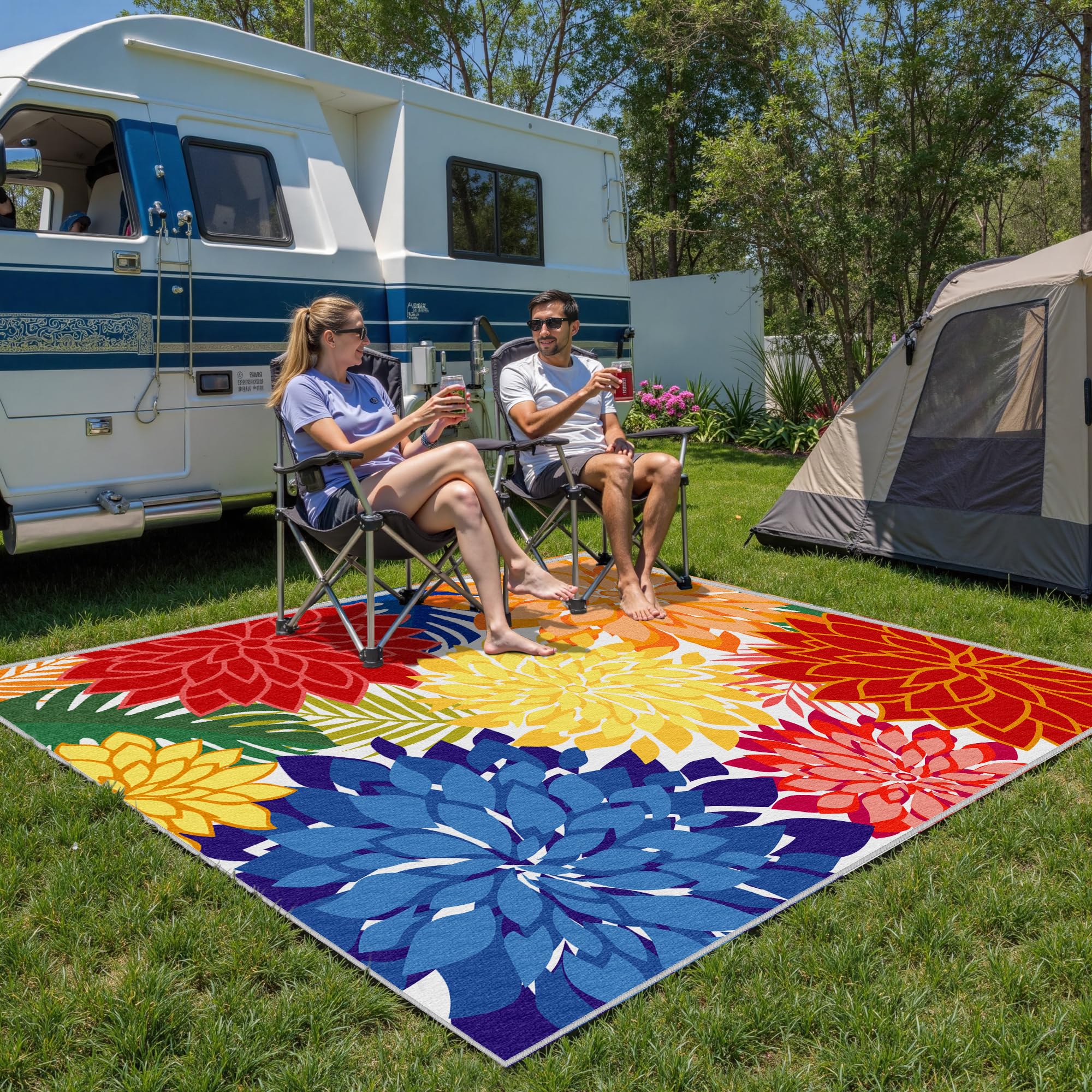 Colorful 9x12 Outdoor Area Rug Washable Multicolored Patio Rug Tropical Botanical Floral Chenille Waterproof Outdoor Carpet Non-Slip for Deck, Backyard, Porch, Rainbow