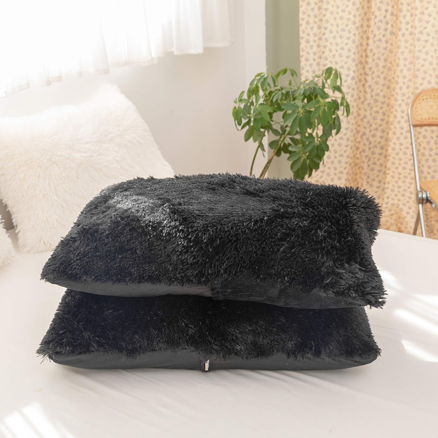 Smoofy Faux Fur Comforter Set Queen 3Pcs Shaggy Plush Velvet Comforter Soft Fluffy Fuzzy Double-Sided Bedding Luxury Furry Flannel, Black Full 1 Comforter 2 Pillowcases : Home & Kitchen