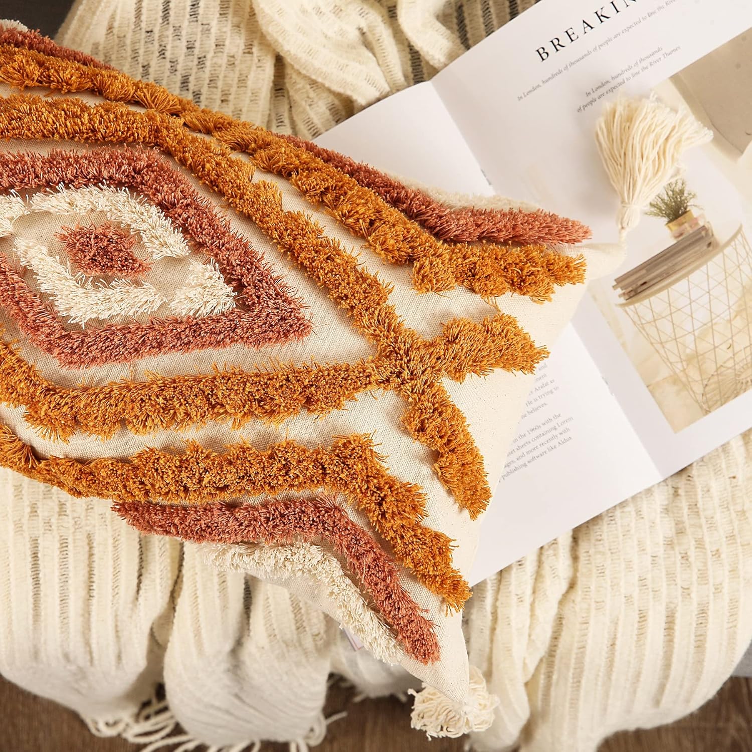 Merrycolor Boho Lumbar Throw Pillow Cover 12x20 inch,Bohemian Tufted Decorative Pillow Covers with Tassels for Couch Sofa Bedroom Living Room - Image 2