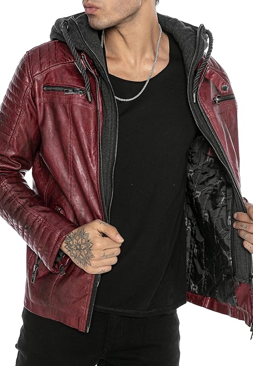 Veste De Transition Cuir Synthétique Homme Redbridge - Modèle Zip Hoodie Biker Avec Capuche
