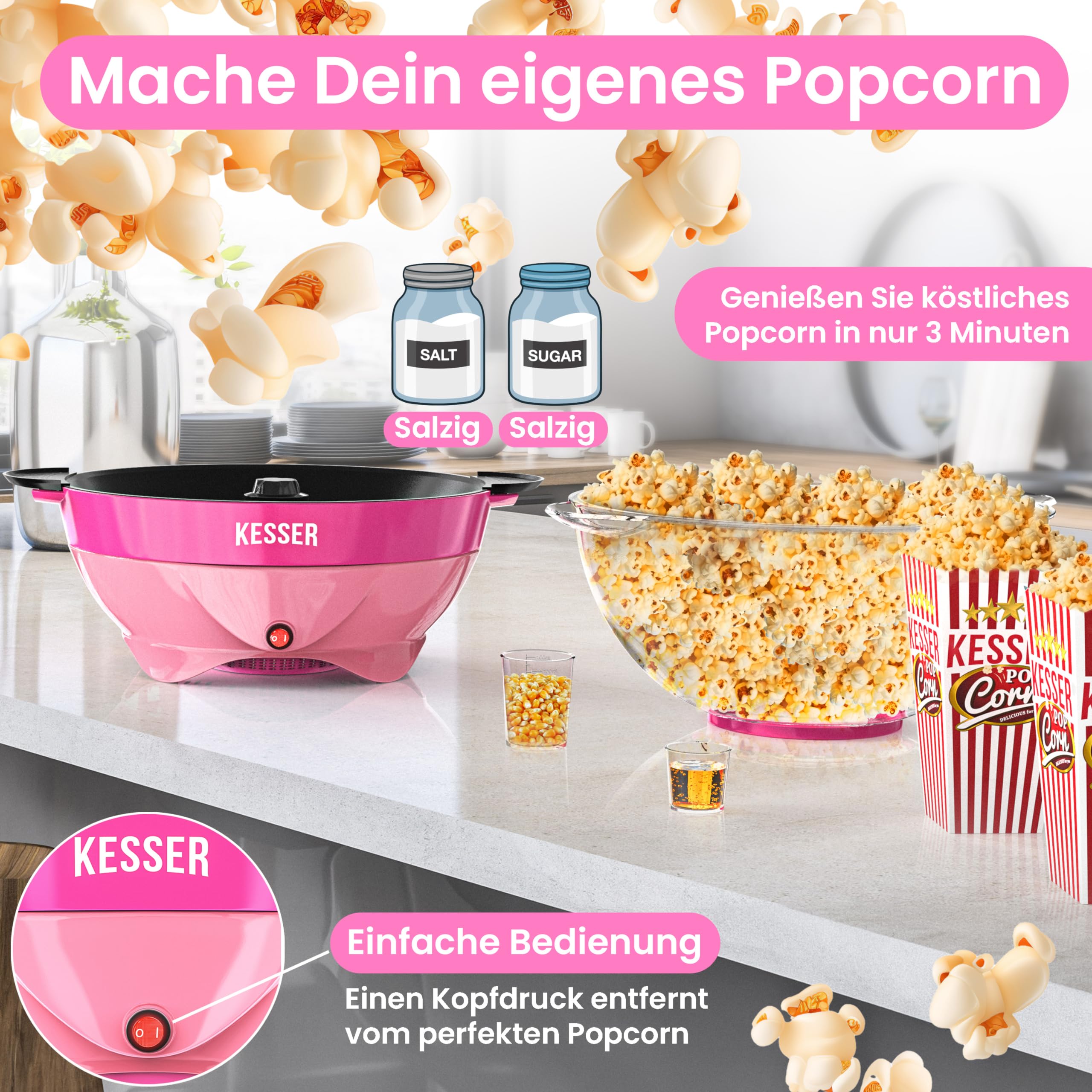 KESSER® Macchina Popcorn 800W | Popcorn Maker 5,5l con coperchio con rivestimento antiaderente e ciotola di servizio | incl. superficie di riscaldamento rimovibile e tazza per popcorn, 26849_mfn