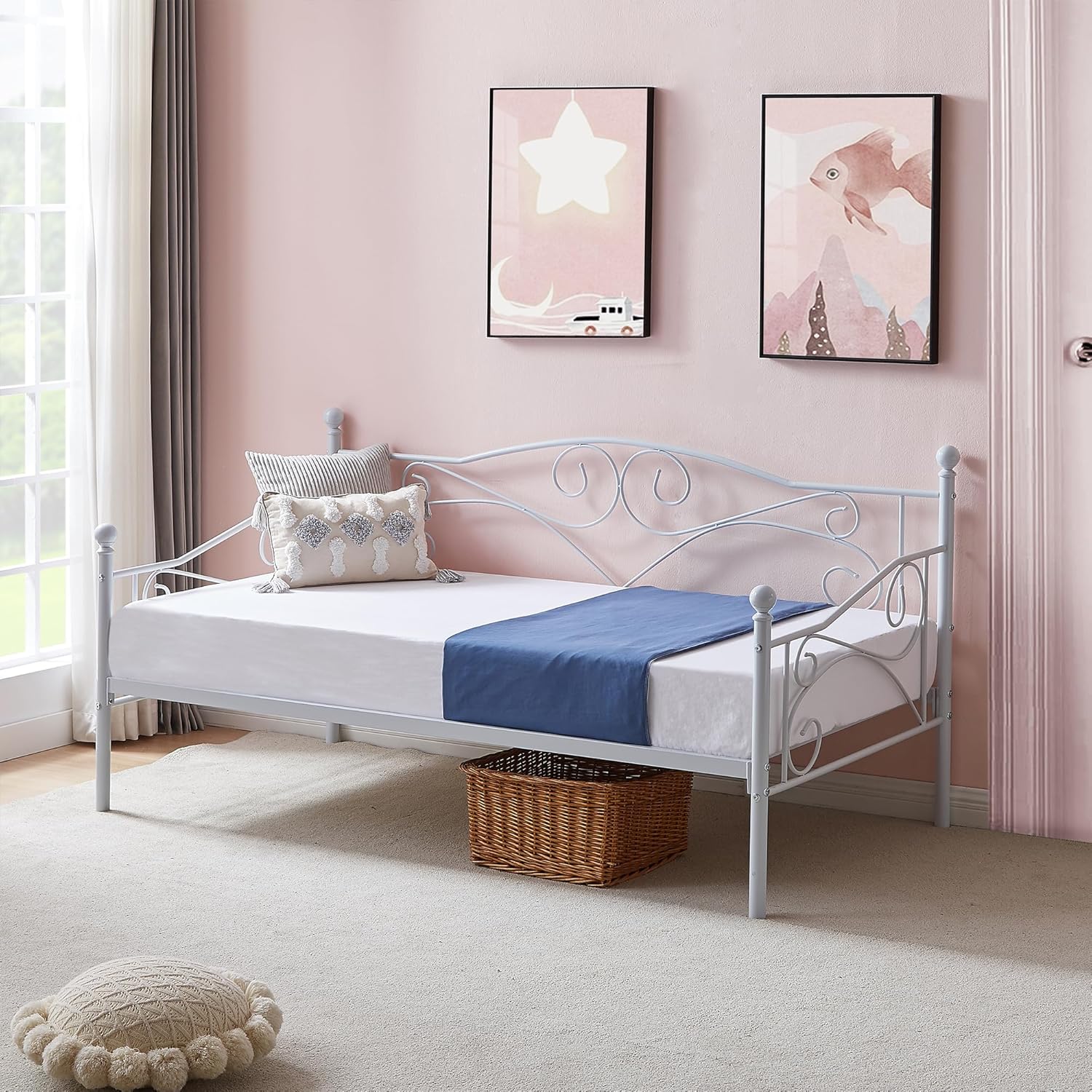 VECELO Daybed Frame, Twin Size Metal Platform Sofa Bed Mattress Foundation with Headboard, Heavy-Duty Steel Slat Support for Bedroom Living/Guest Room, Easy Assembly, White