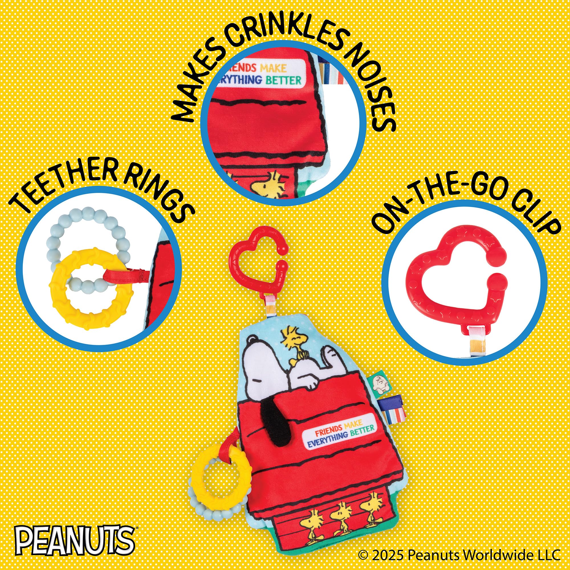 Kids Preferred Peanuts Plush and Sensory Crinkle Teether Toys for Newborn Baby Boys and Girls with On-The-Go Clip for Stroller and Car Seat, 10.5 inches