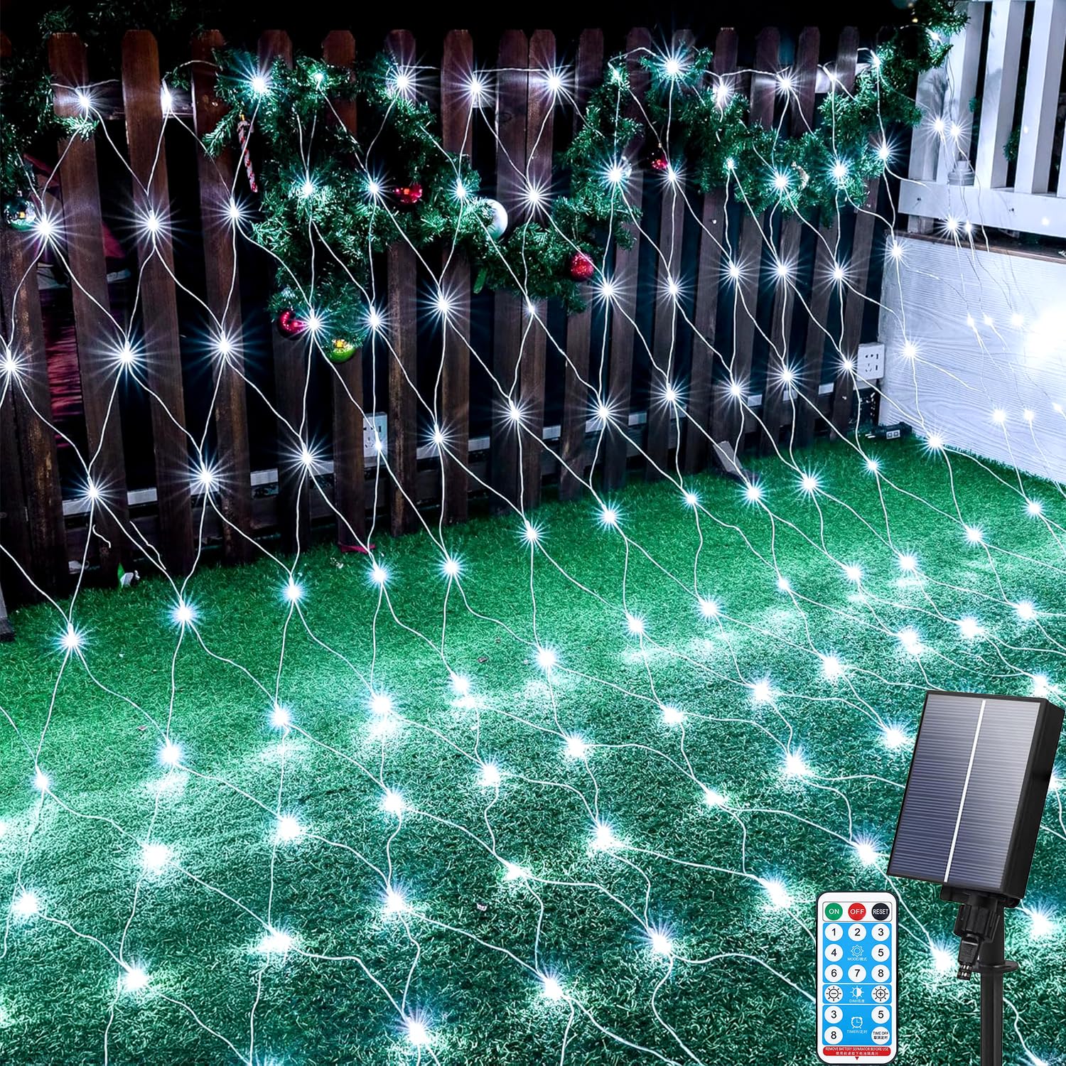Aofonchy Solar Net Lights Outdoor, 1.5 * 1.5M 96 LED Net Fairy Lights with Remote, Weatherproof Fairy Mesh Lights